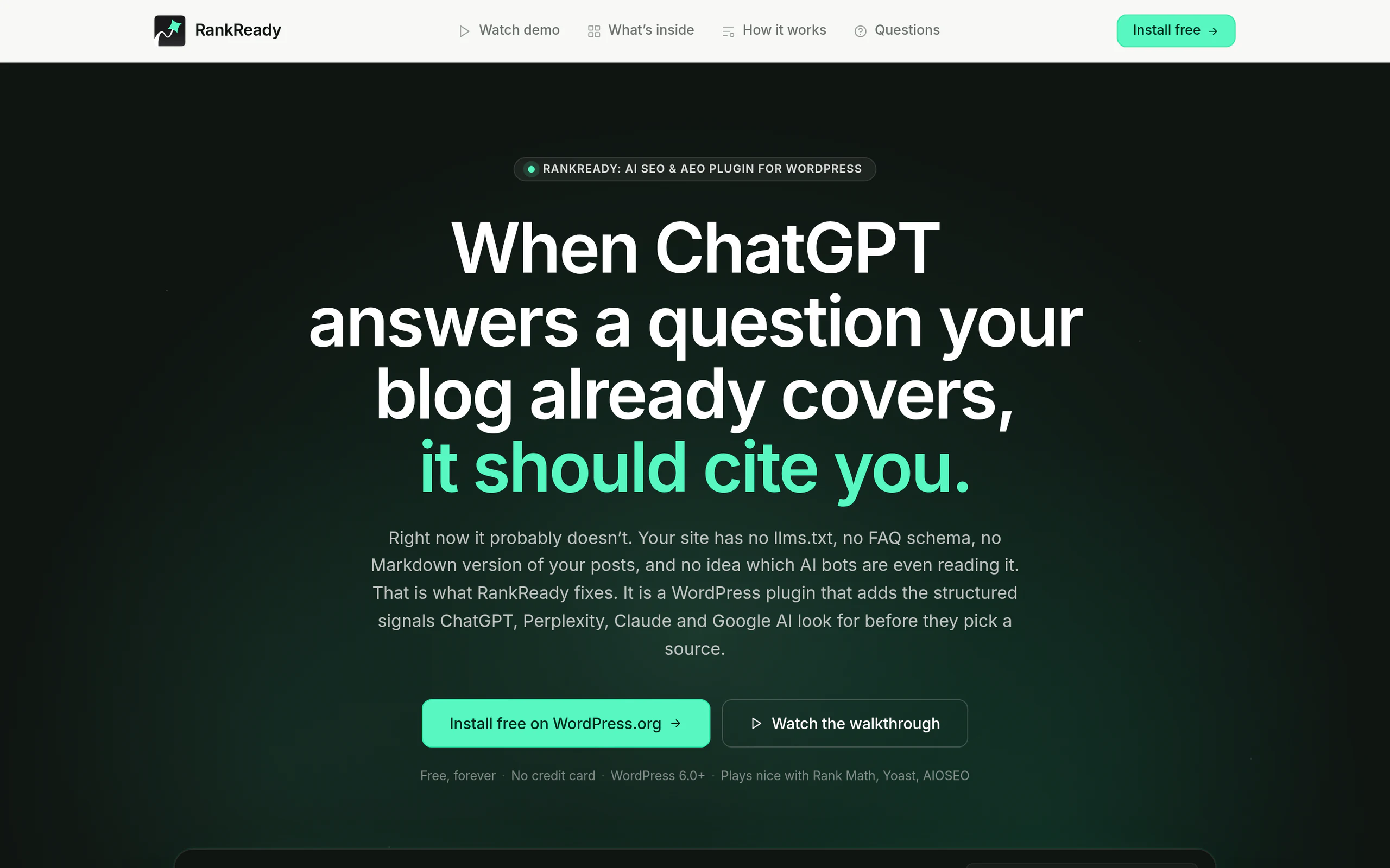 RankReady live AI crawler log and citation tracking dashboard for WordPress