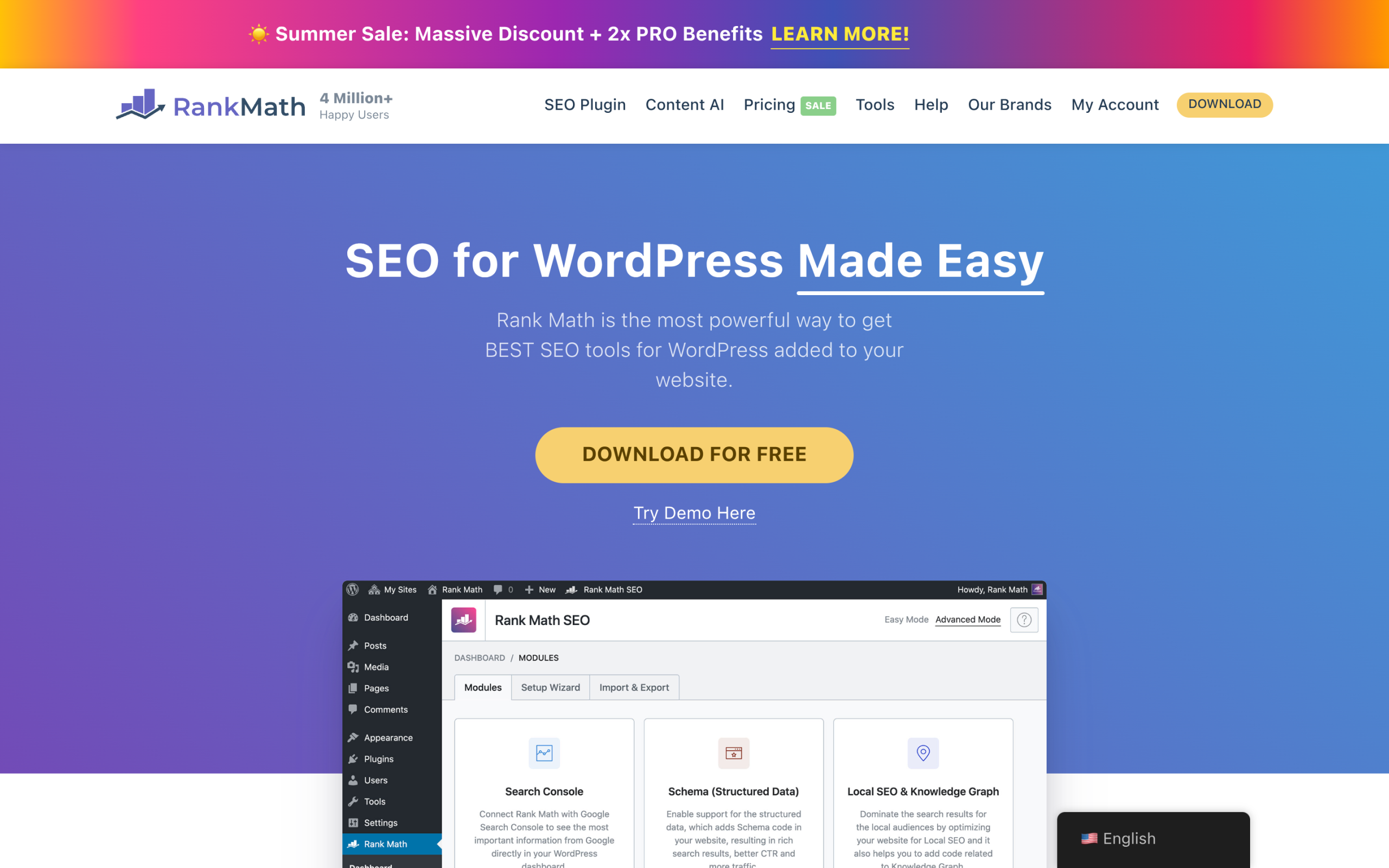 Rank Math vs Yoast SEO: Which WordPress SEO Plugin Wins in 2026? Rank Math homepage showing 4 million plus users and 4.8 rating