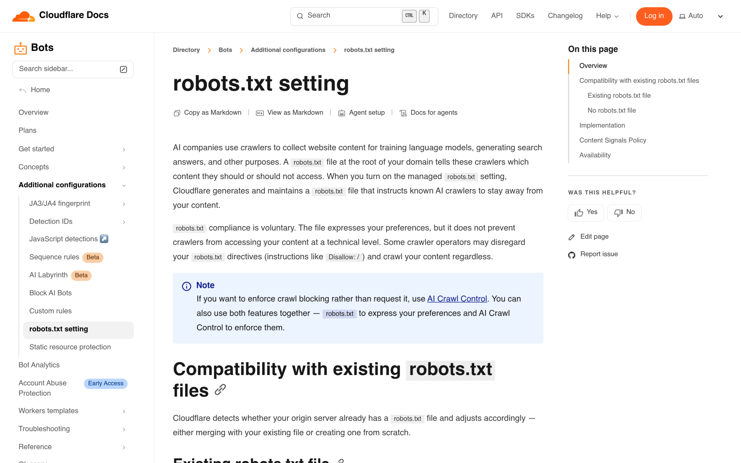 What Is a WordPress robots.txt Generator? (And Which One to Use in 2026) Cloudflare managed robots.txt and AI crawler documentation showing bot analytics