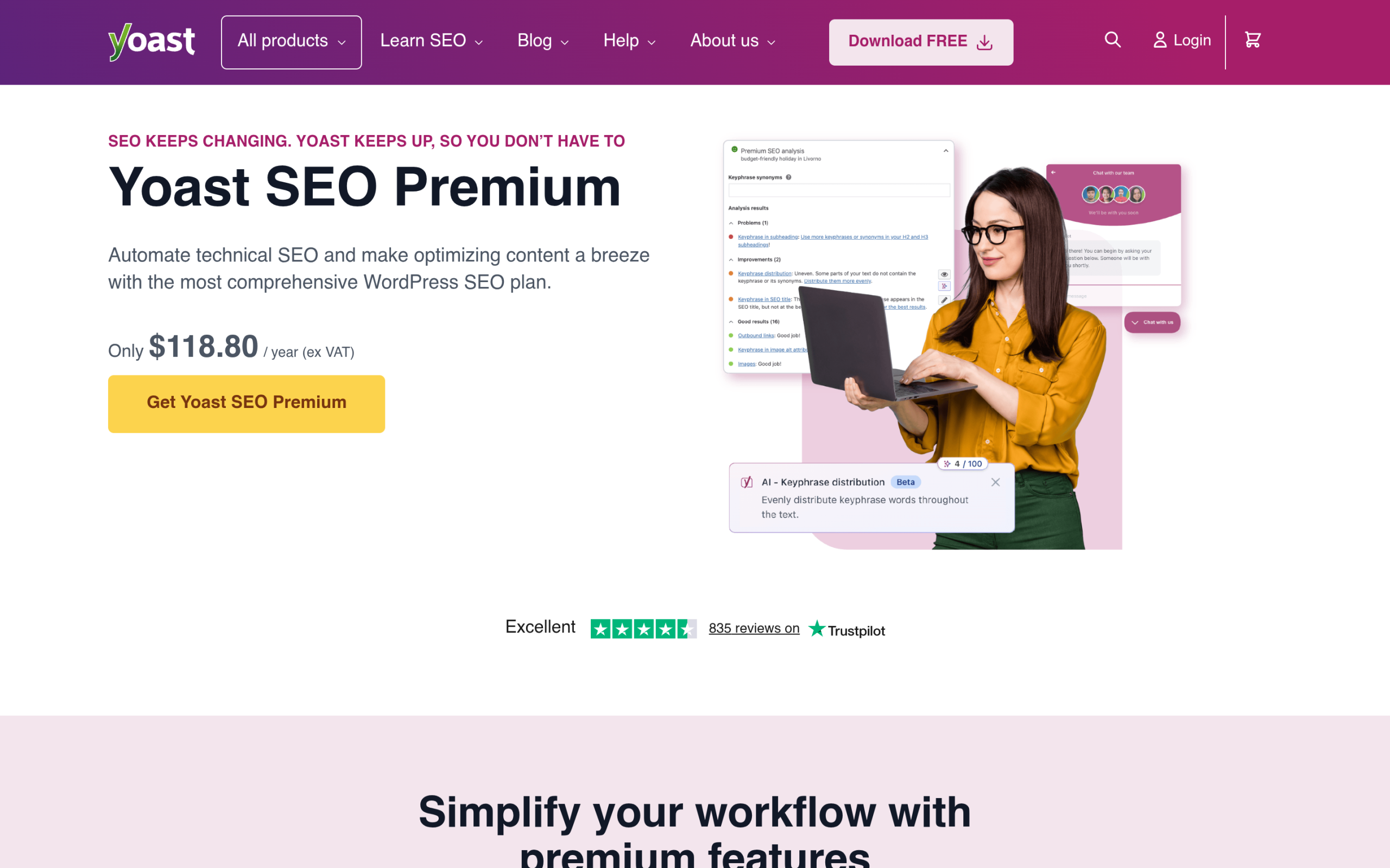 Rank Math vs Yoast SEO: Which WordPress SEO Plugin Wins in 2026? Yoast SEO plugin page showing free and Premium features