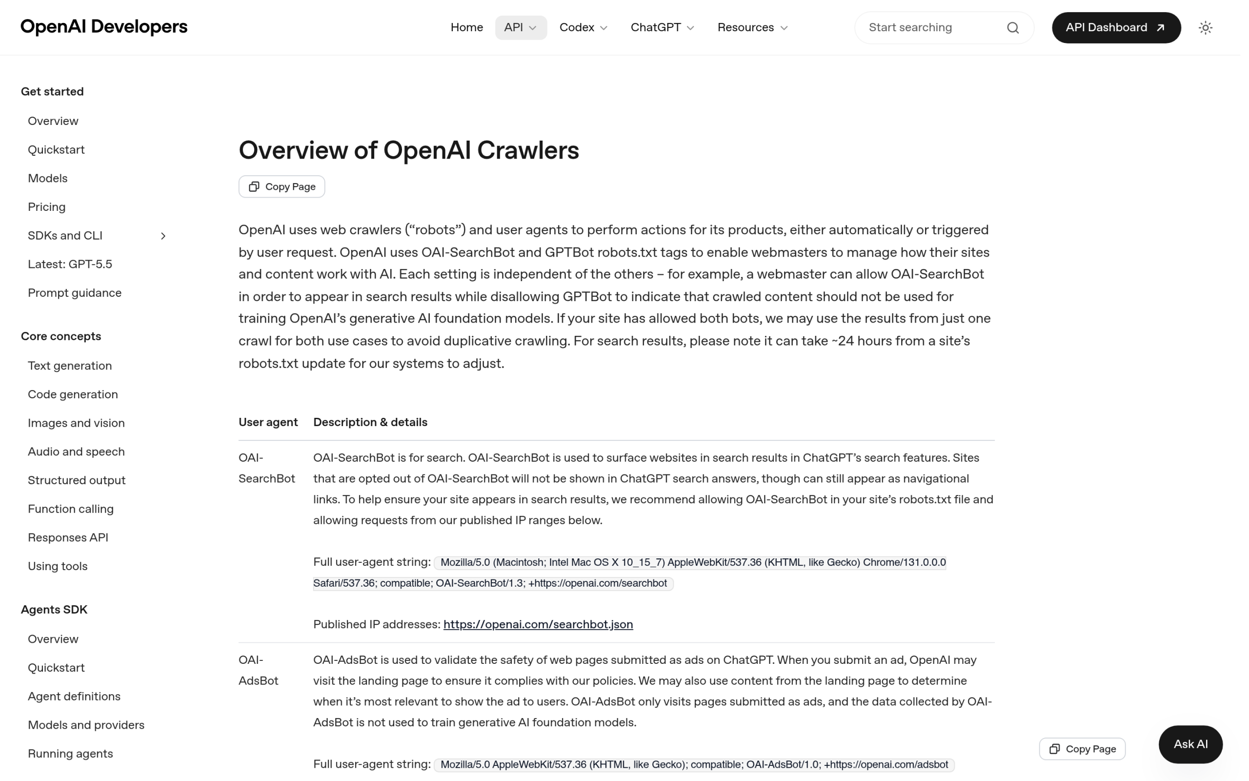 ChatGPT-User: Should You Allow or Block It on Your WordPress Site? OpenAI crawler documentation showing GPTBot, OAI-SearchBot and ChatGPT-User