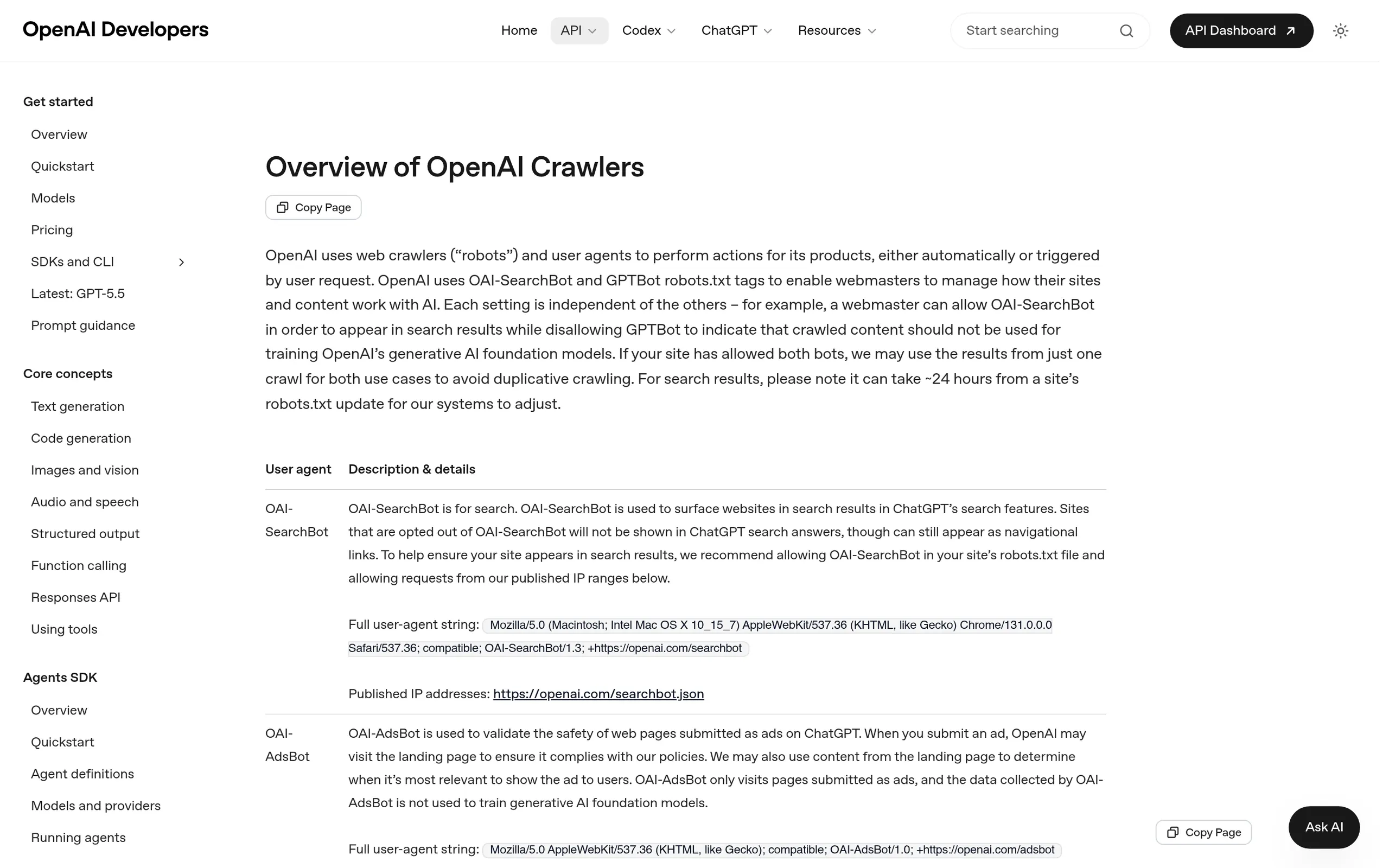 OpenAI crawler documentation showing GPTBot, OAI-SearchBot and ChatGPT-User