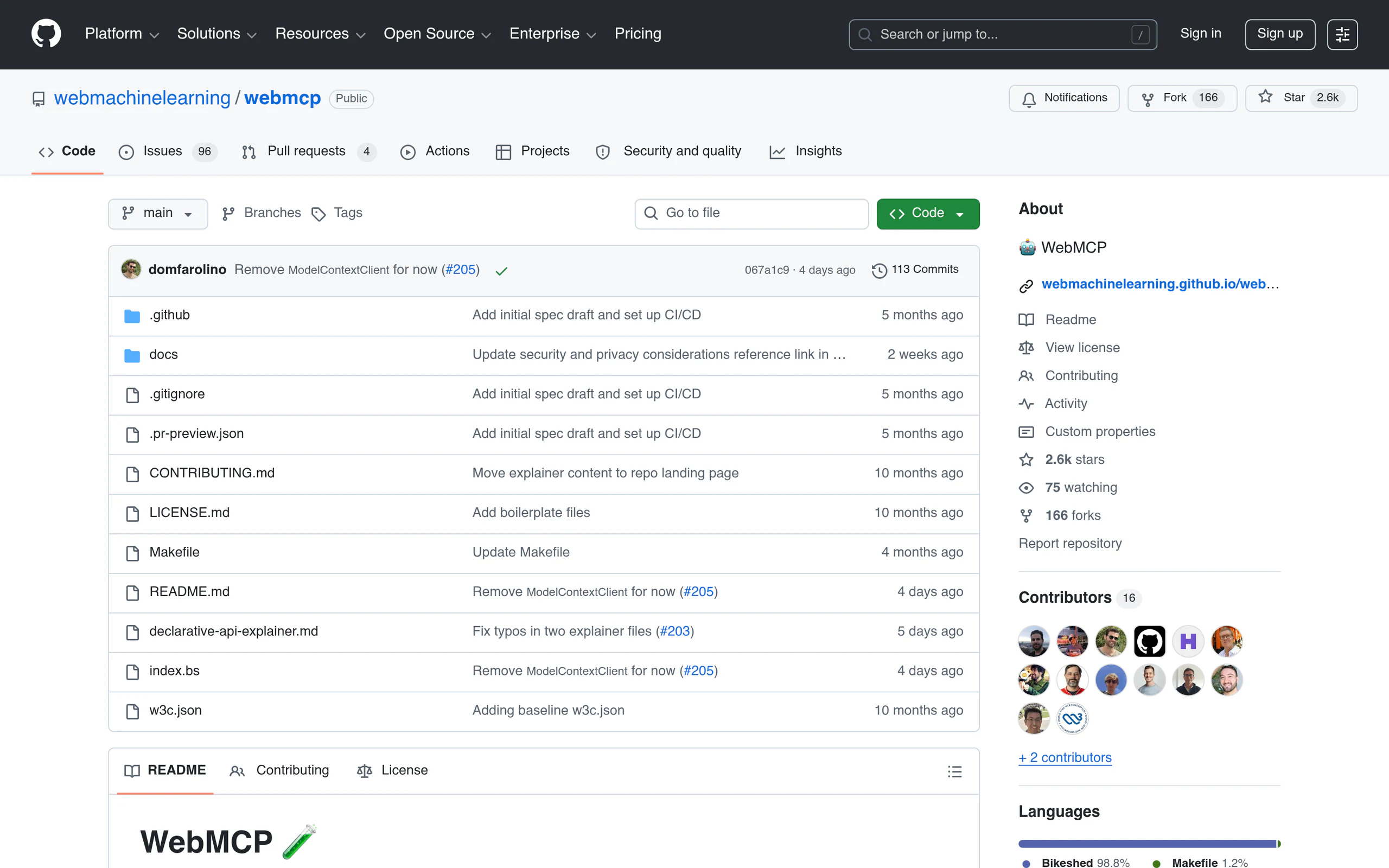 WebMCP specification on GitHub describing in-page MCP servers in the browser