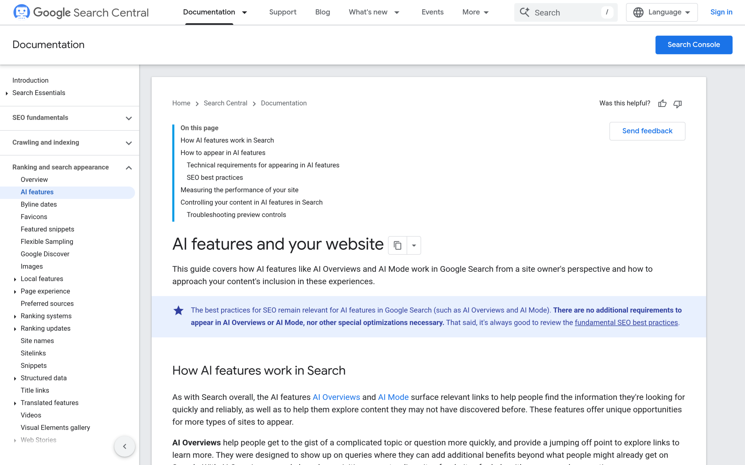 Google documentation on AI features and AI Overviews