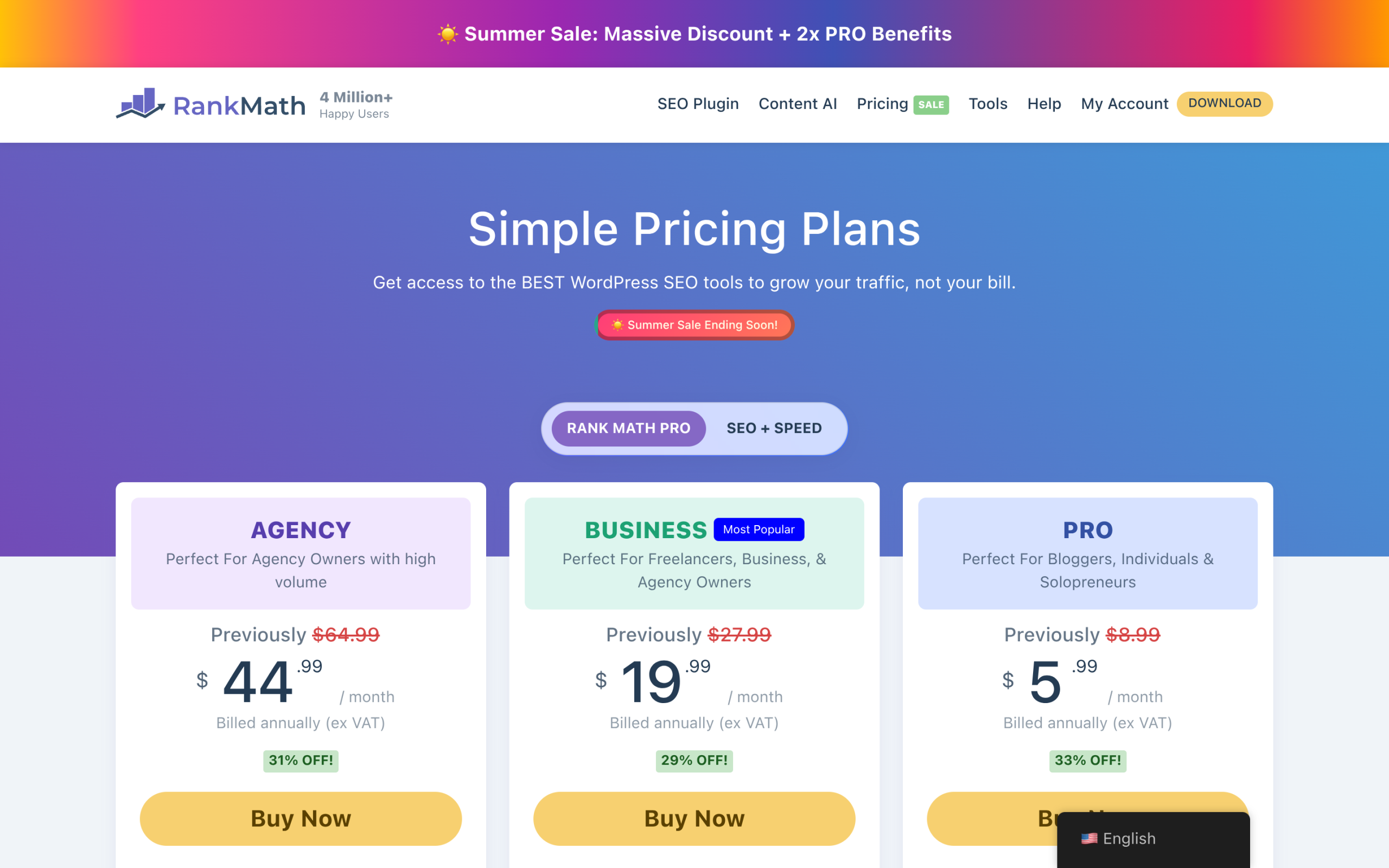 Rank Math vs Yoast SEO: Which WordPress SEO Plugin Wins in 2026? Rank Math pricing page showing PRO Business and Agency plans
