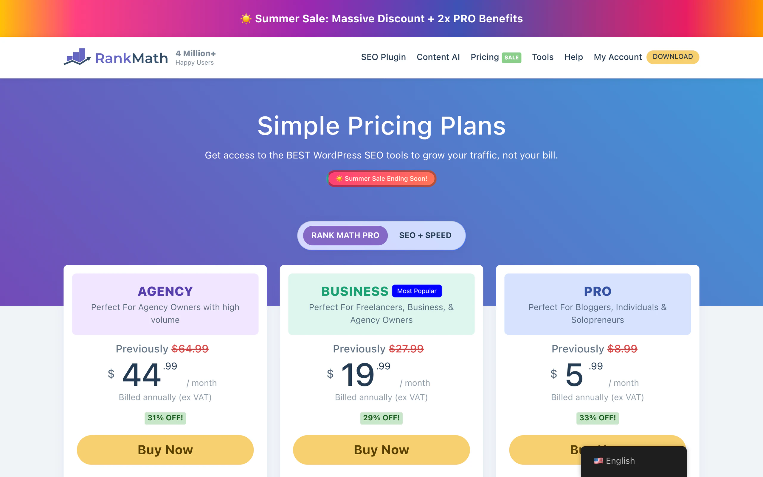Rank Math pricing page showing PRO Business and Agency plans