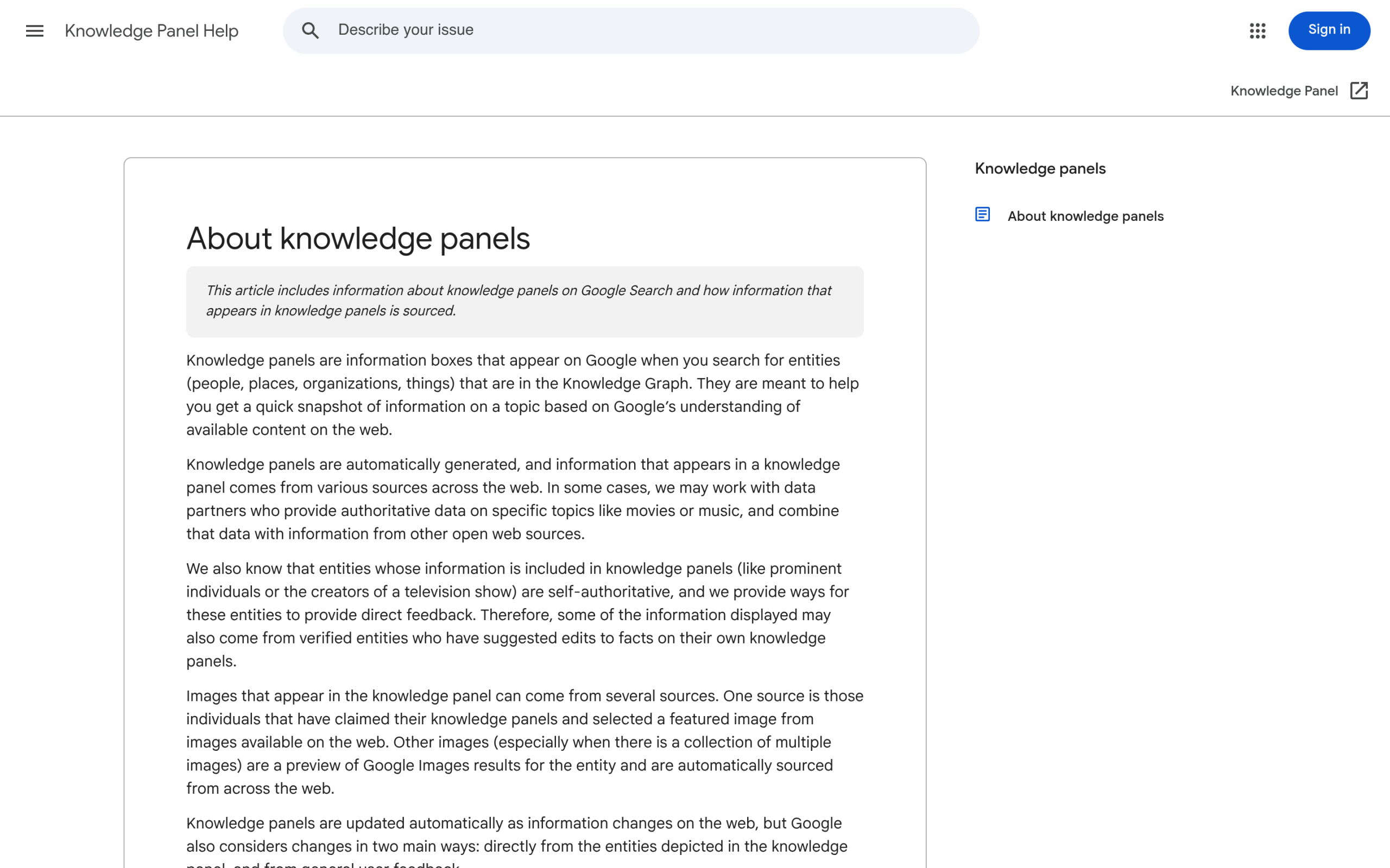 What Is Entity SEO? How WordPress Sites Get Recognized by Google and AI Google knowledge panel documentation describing entities in the Knowledge Graph