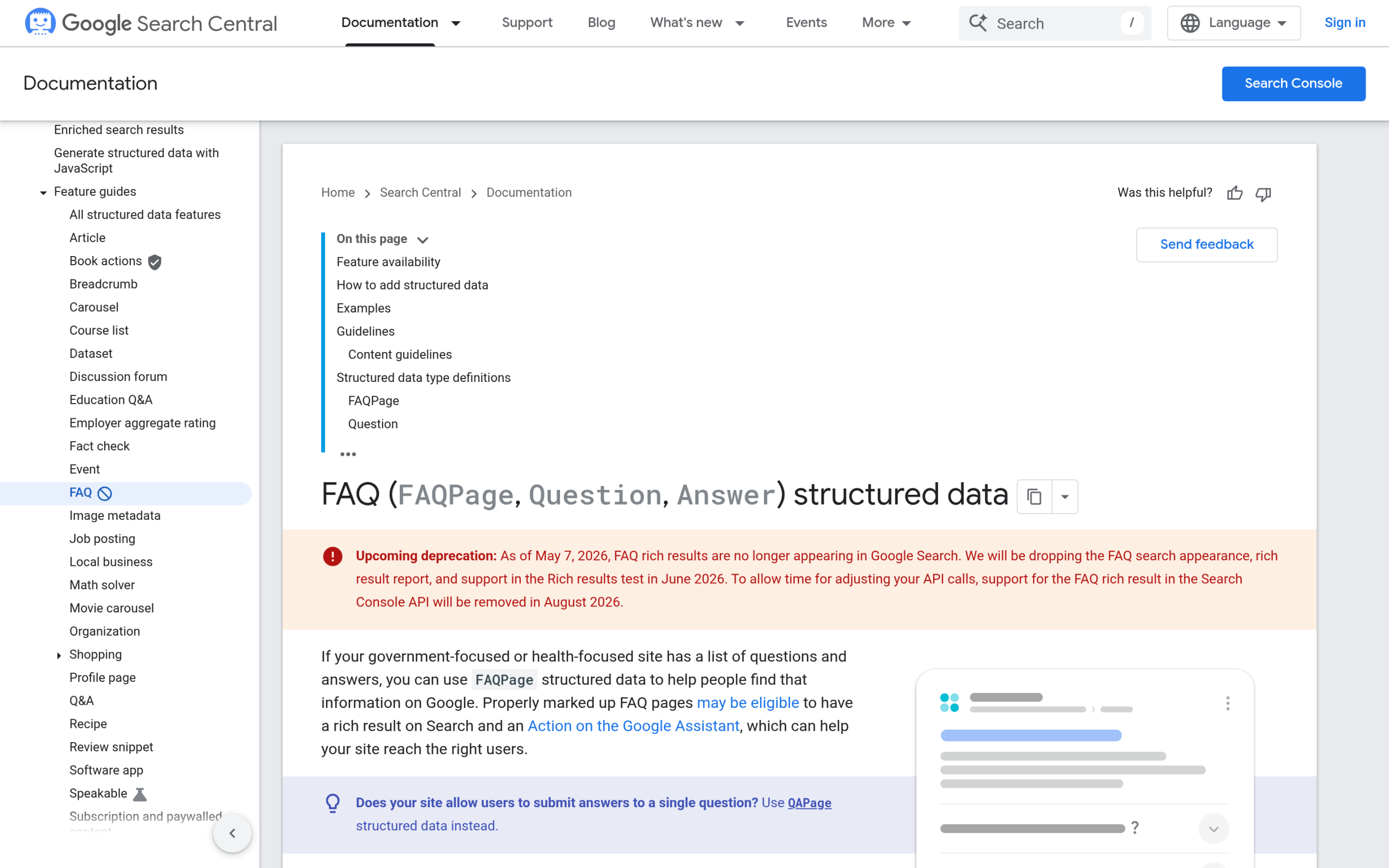 FAQ Schema Generator for WordPress: Auto-Add FAQPage JSON-LD Without Writing Code (2026) Google FAQPage structured data documentation showing May 2026 deprecation for most sites