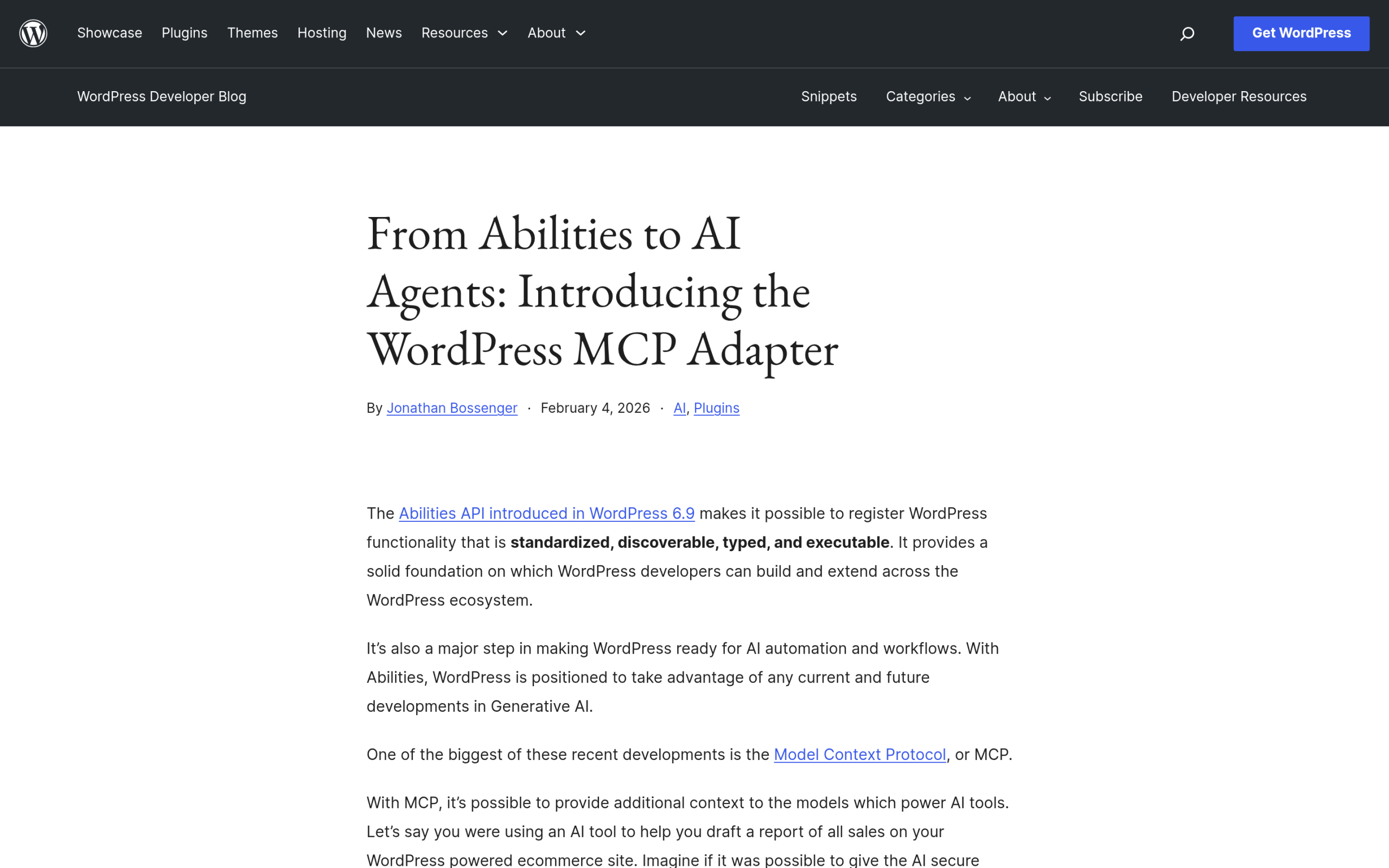What Is the Model Context Protocol (MCP)? A WordPress Guide for 2026 WordPress MCP Adapter announcement on the WordPress Developer Blog