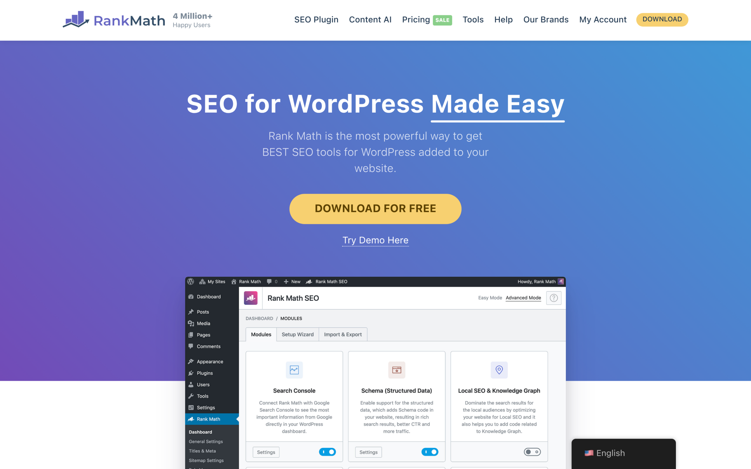 Rank Math SEO plugin homepage and feature overview