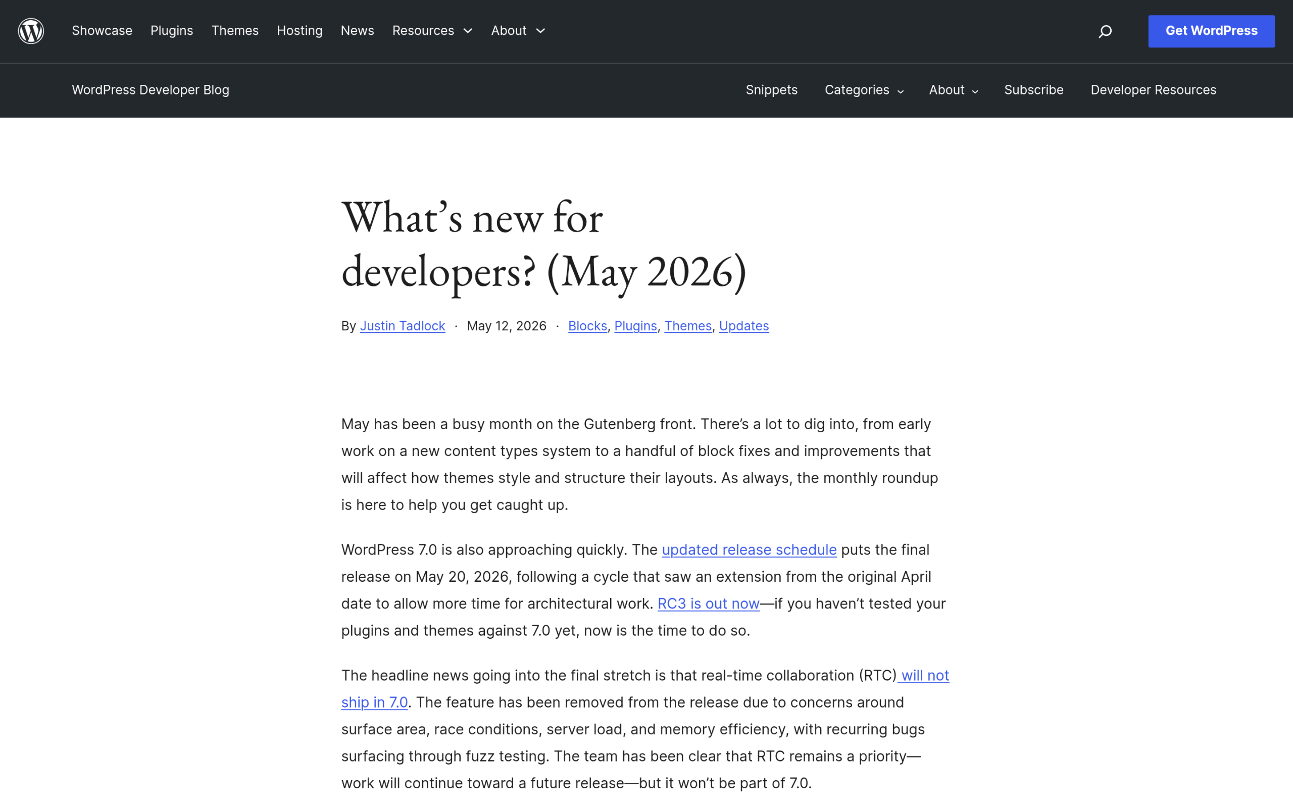 WordPress 7.0: What's Actually Changing for Block Builders (2026) WordPress developer notes confirming real-time collaboration is deferred from 7.0