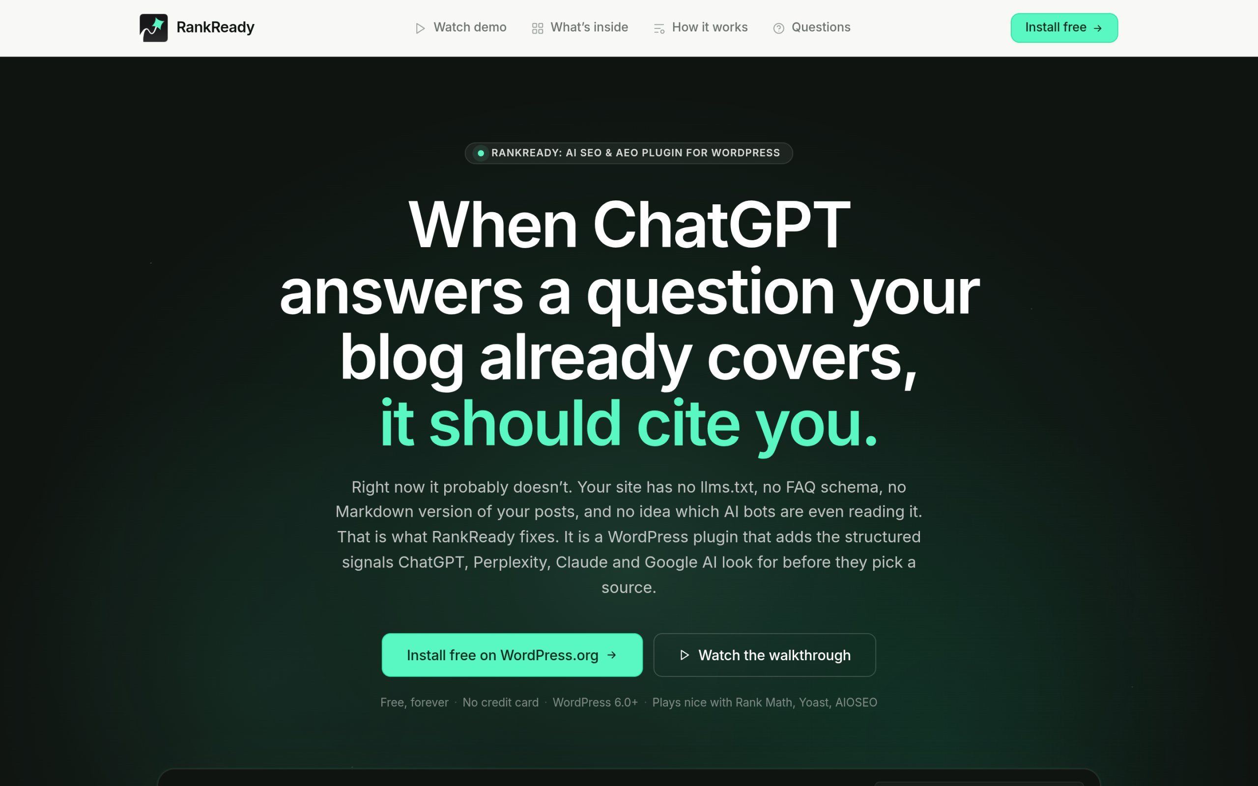 What Is Google's Open Knowledge Format (OKF)? A Plain-English Guide for Site Owners RankReady WordPress plugin store page showing llms.txt AI crawler log and citation candidates