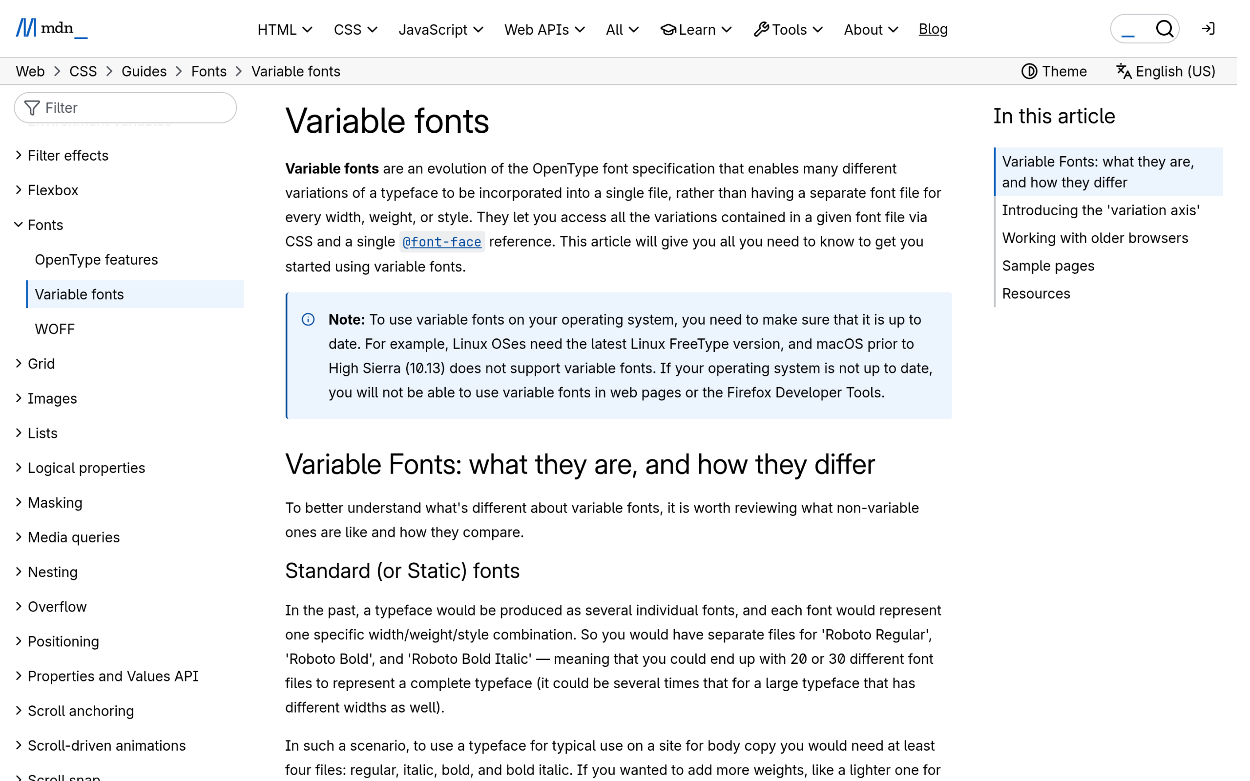 MDN variable fonts guide showing font-variation-settings CSS
