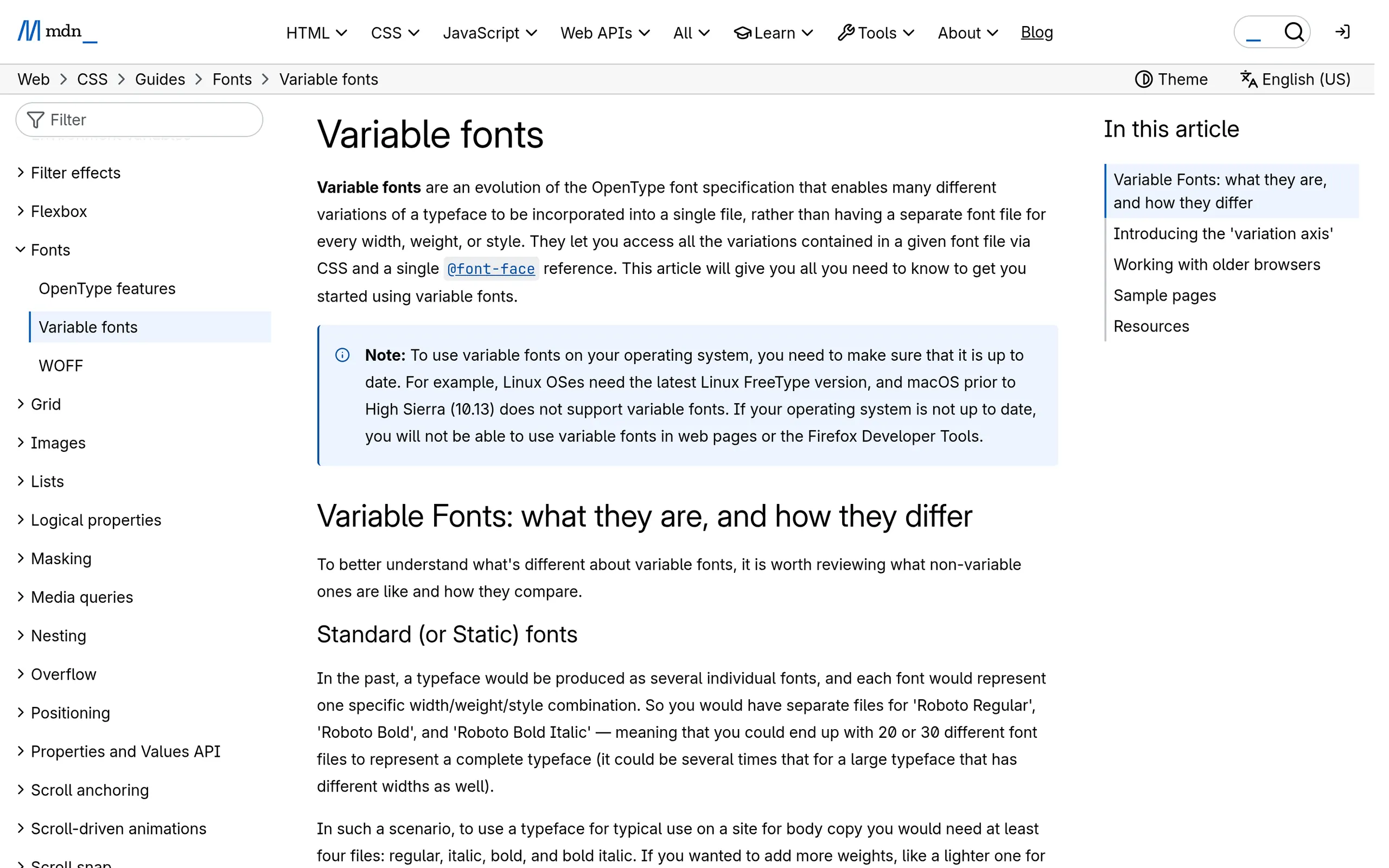 MDN variable fonts guide showing font-variation-settings CSS