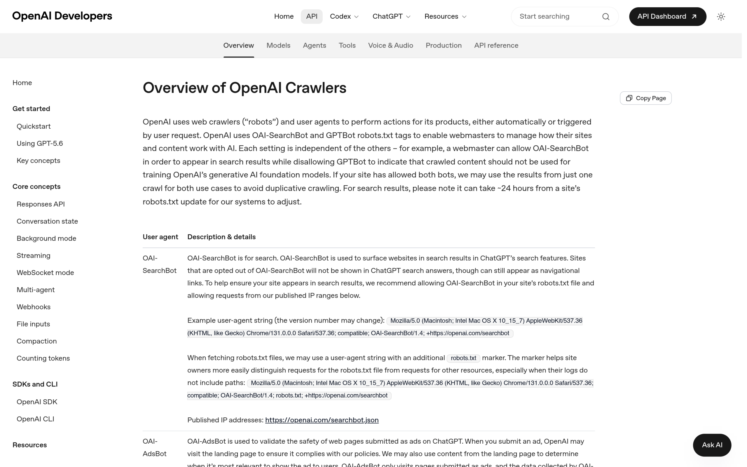 OpenAI documentation listing GPTBot, OAI-SearchBot and ChatGPT-User crawlers