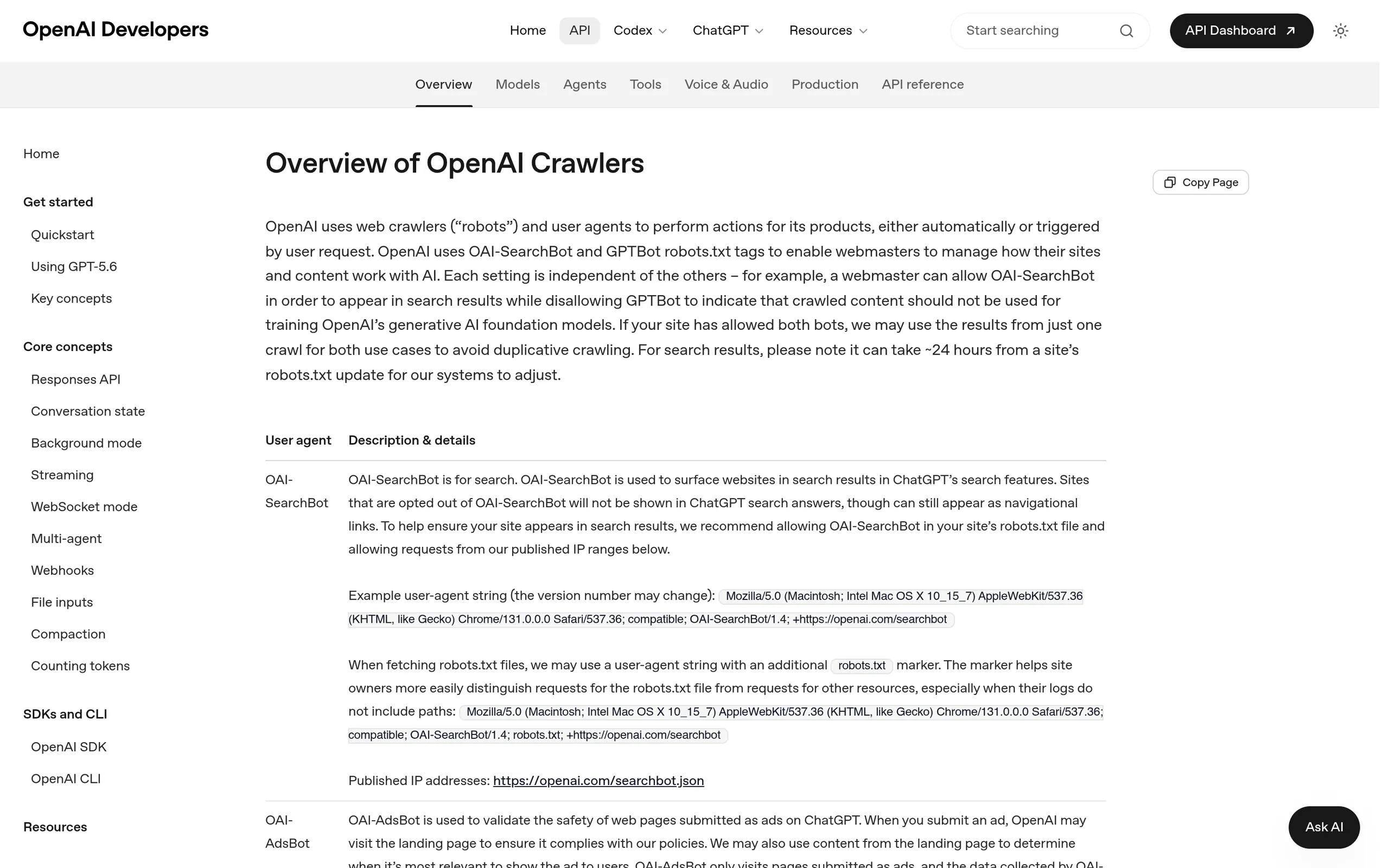 OpenAI documentation listing GPTBot, OAI-SearchBot and ChatGPT-User crawlers