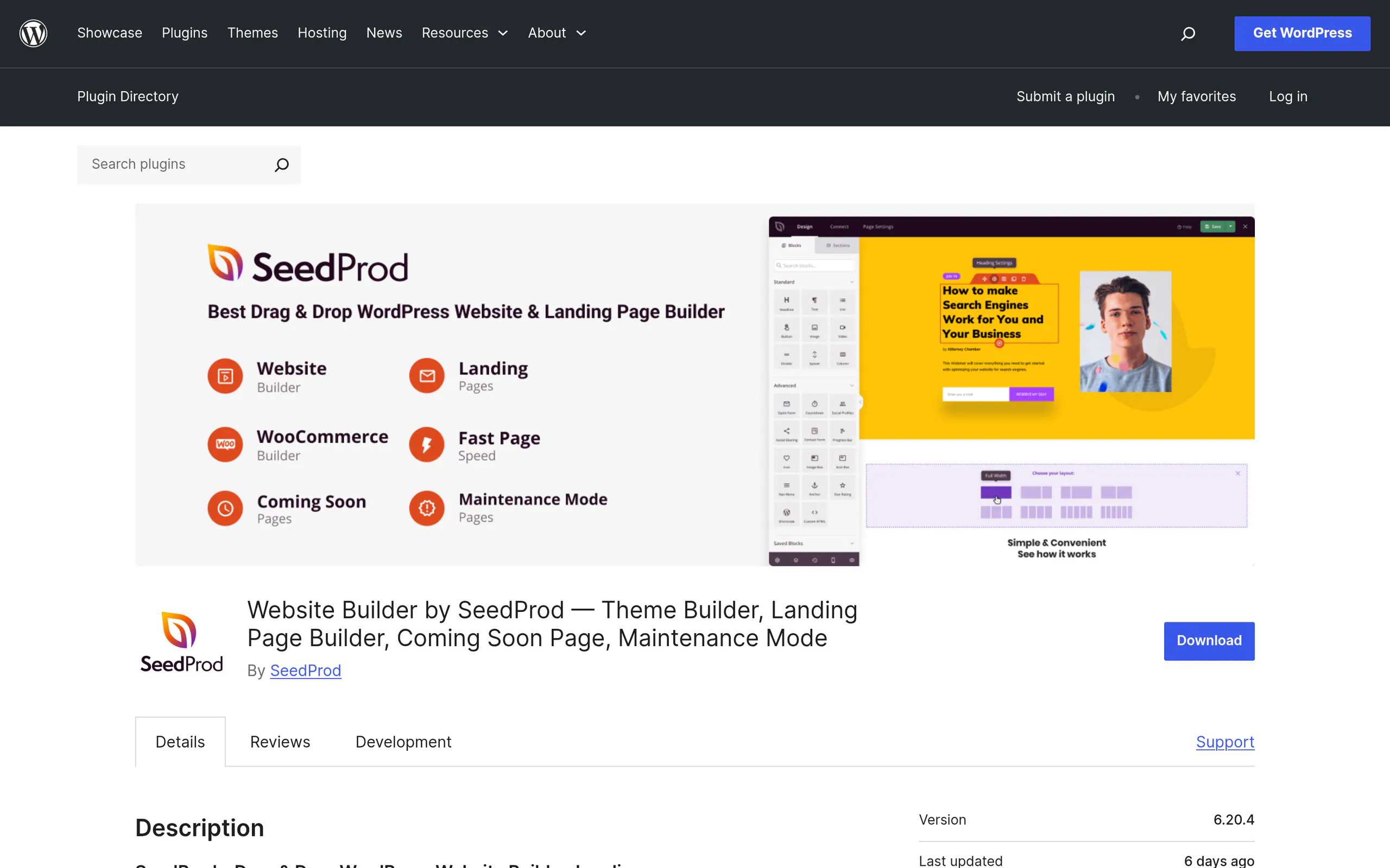 SeedProd landing page builder plugin on WordPress.org with 700,000 plus active installs