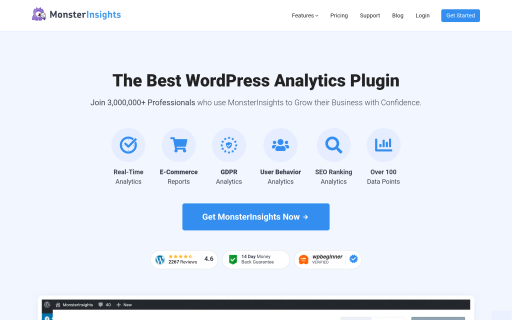 MonsterInsights Google Analytics plugin for WordPress homepage