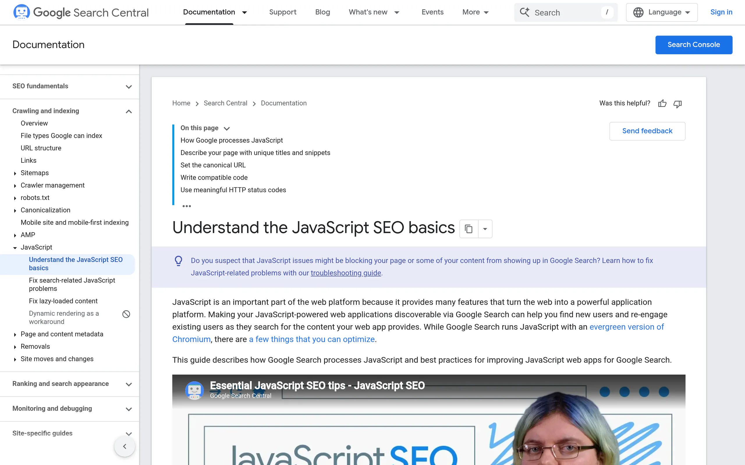 Google Search Central documentation showing how Googlebot processes JavaScript in three phases: crawling, rendering, and indexing