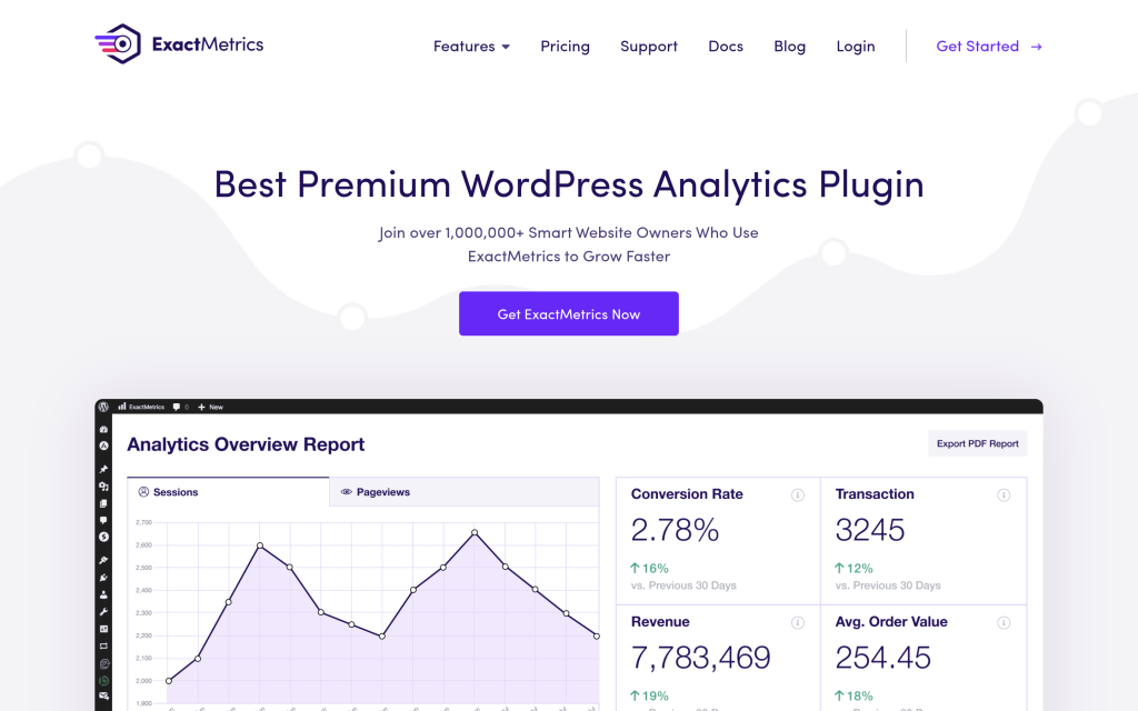 ExactMetrics WordPress analytics dashboard overview report