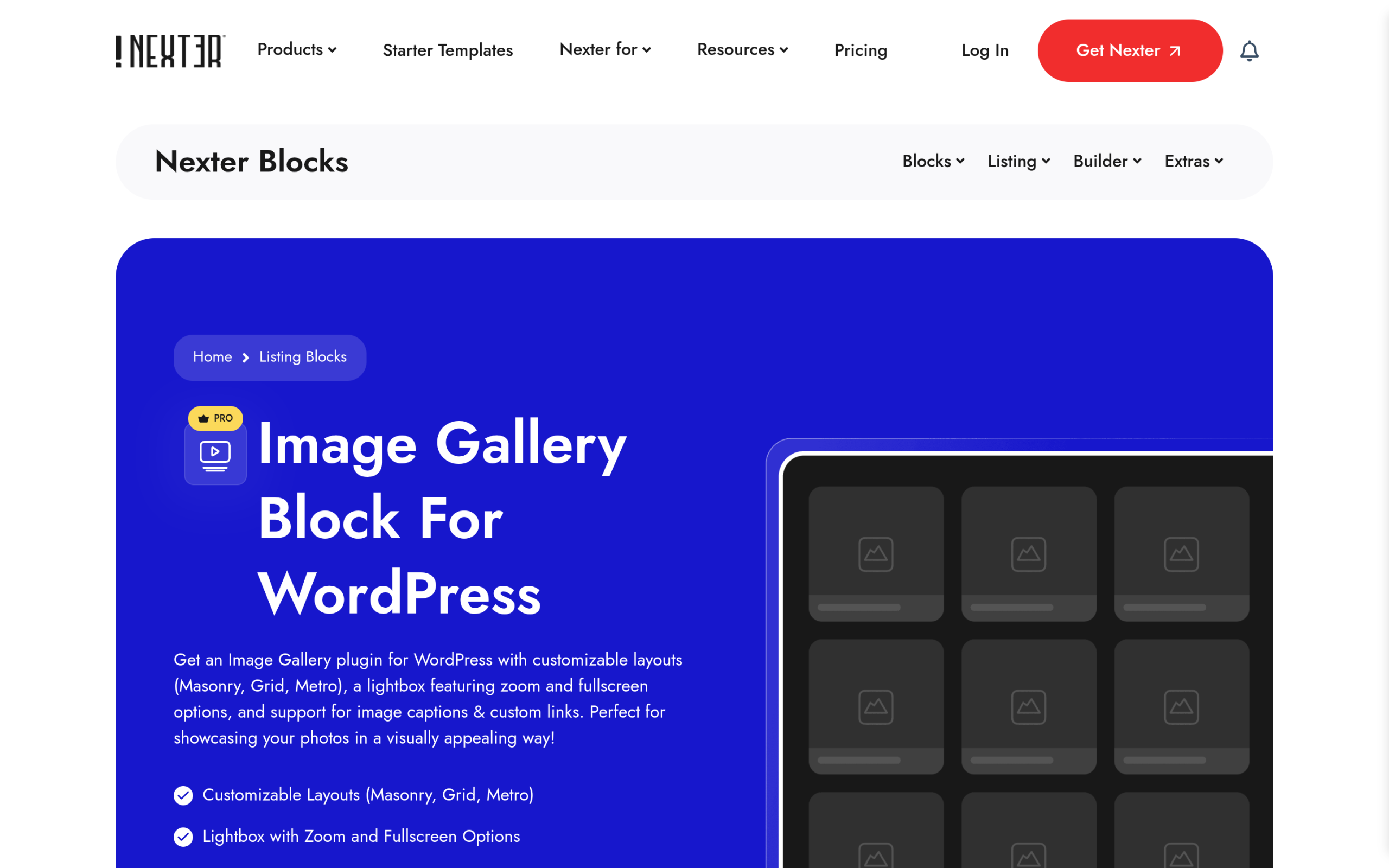 Nexter Blocks Image Gallery block with Fancybox lightbox across grid masonry metro and carousel layouts