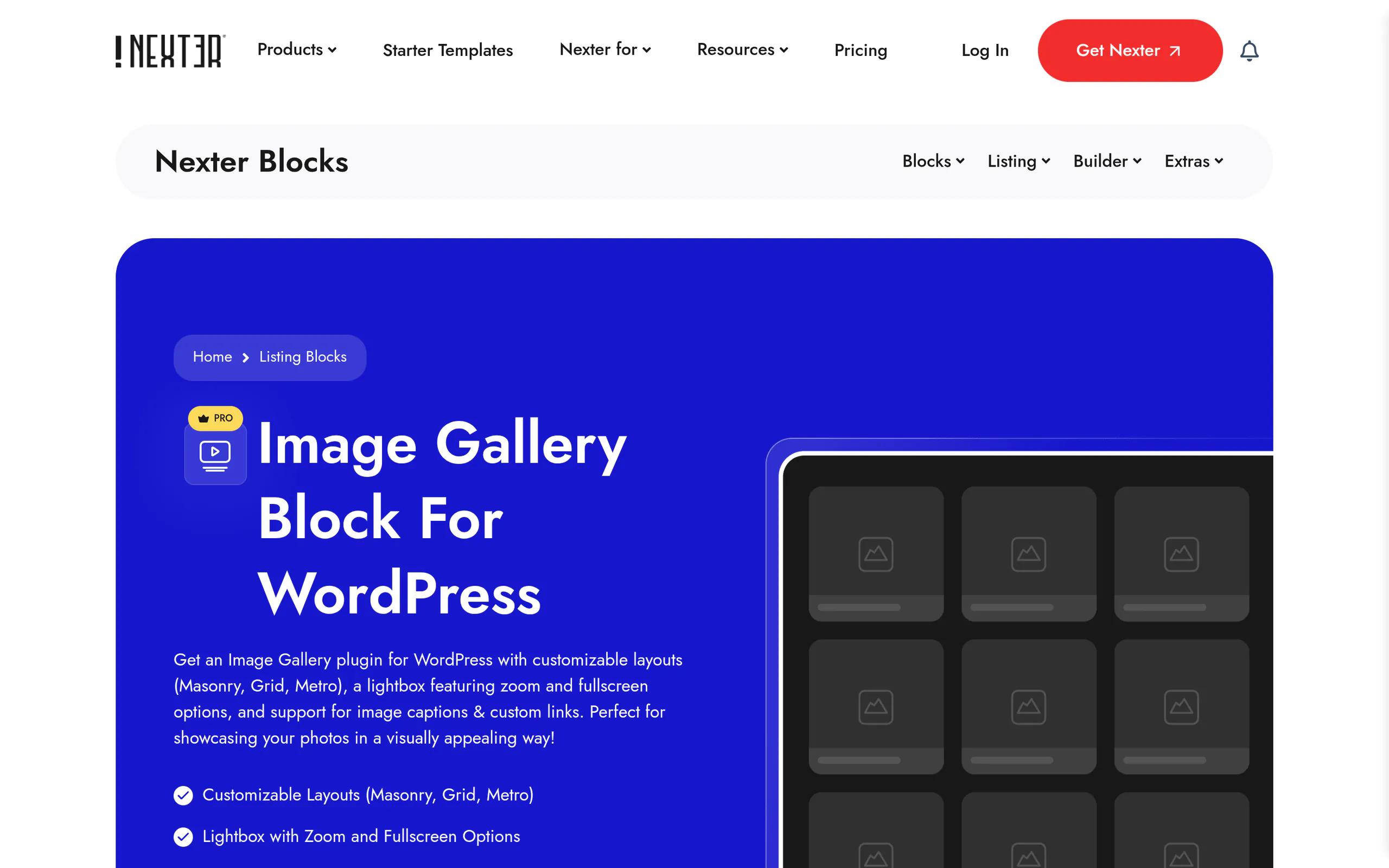 Nexter Blocks Image Gallery block with Fancybox lightbox across grid masonry metro and carousel layouts
