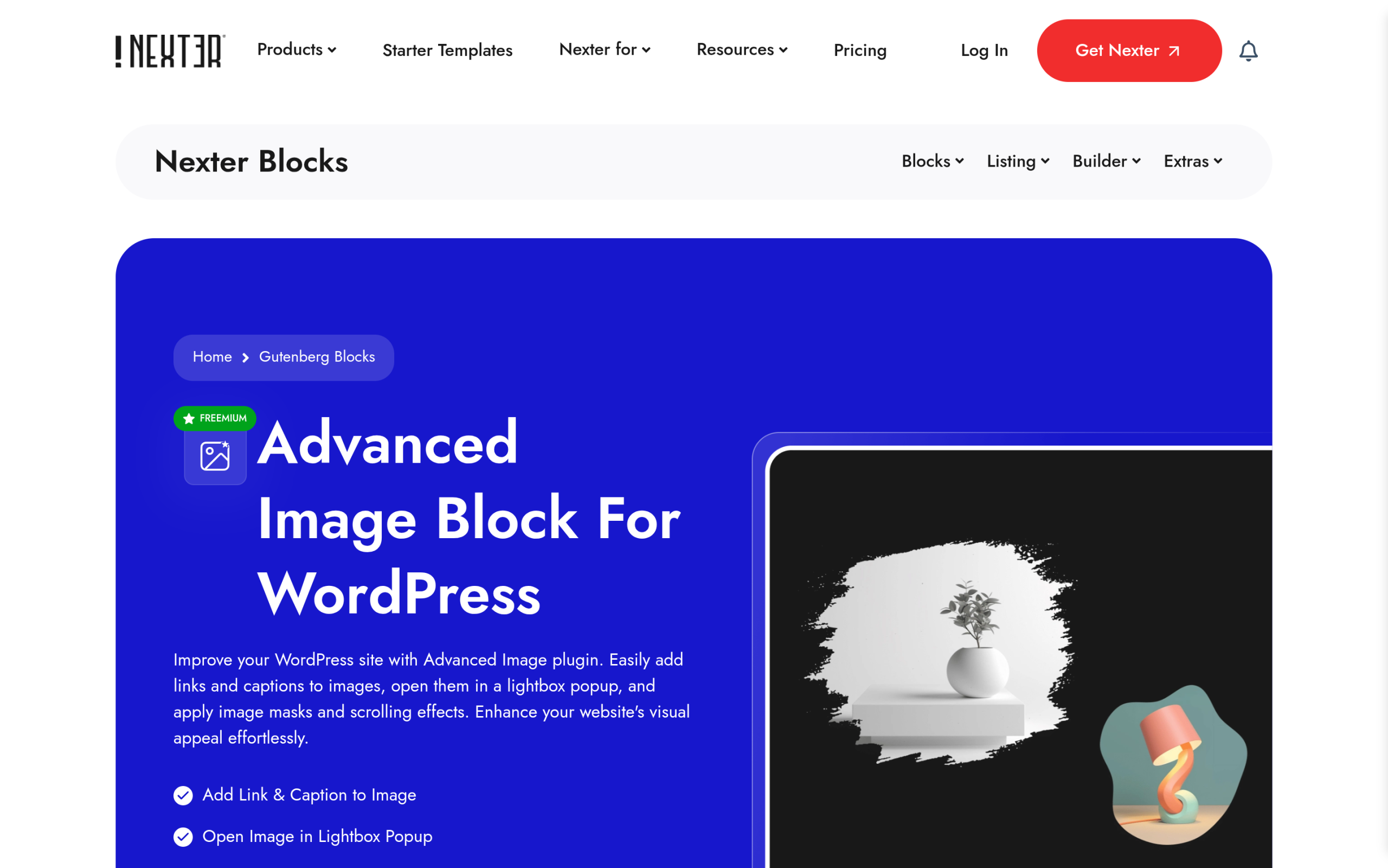 Nexter Blocks Advanced Image block with the Open the Image in a Fancy Box lightbox option