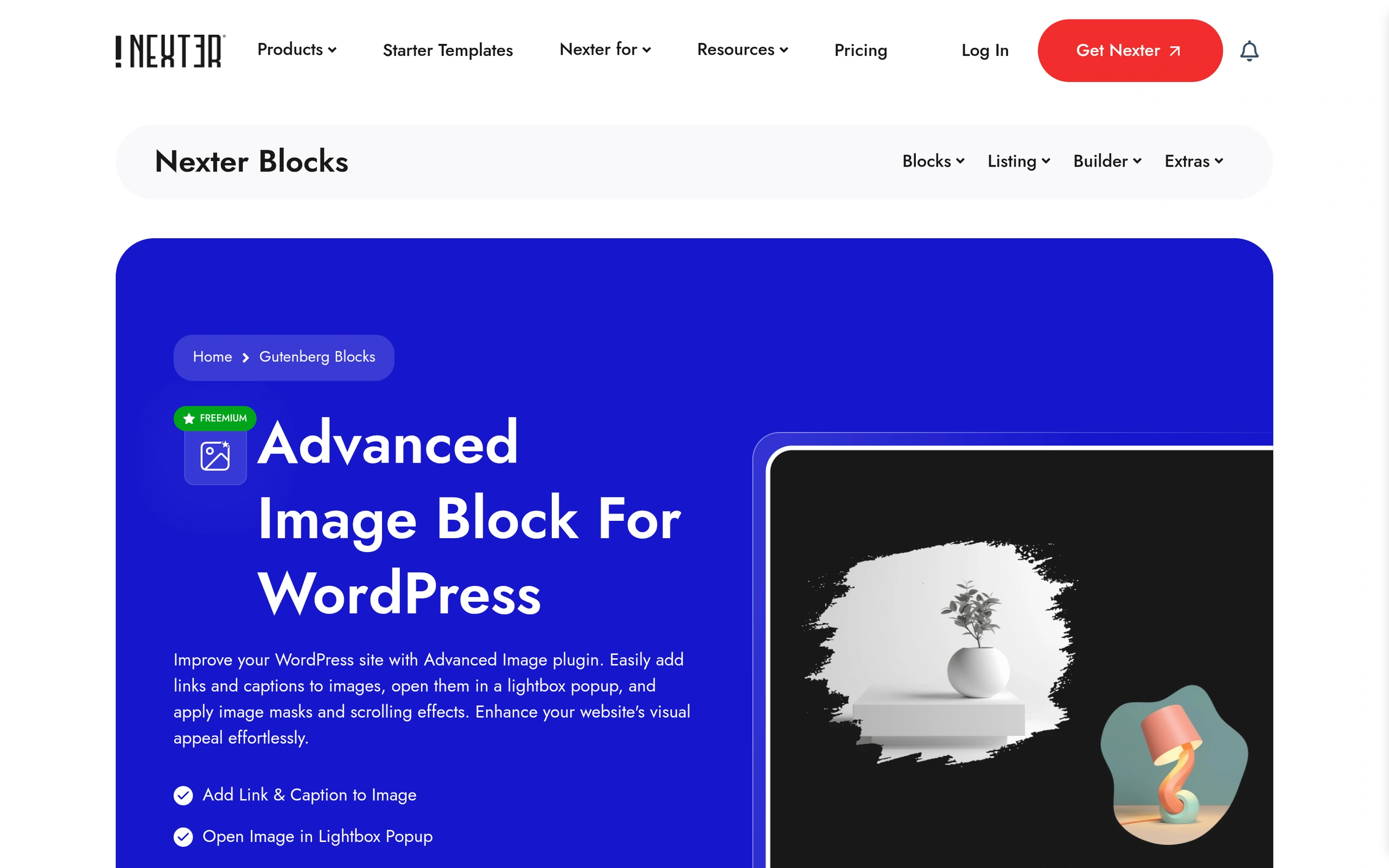 Nexter Blocks Advanced Image block with the Open the Image in a Fancy Box lightbox option
