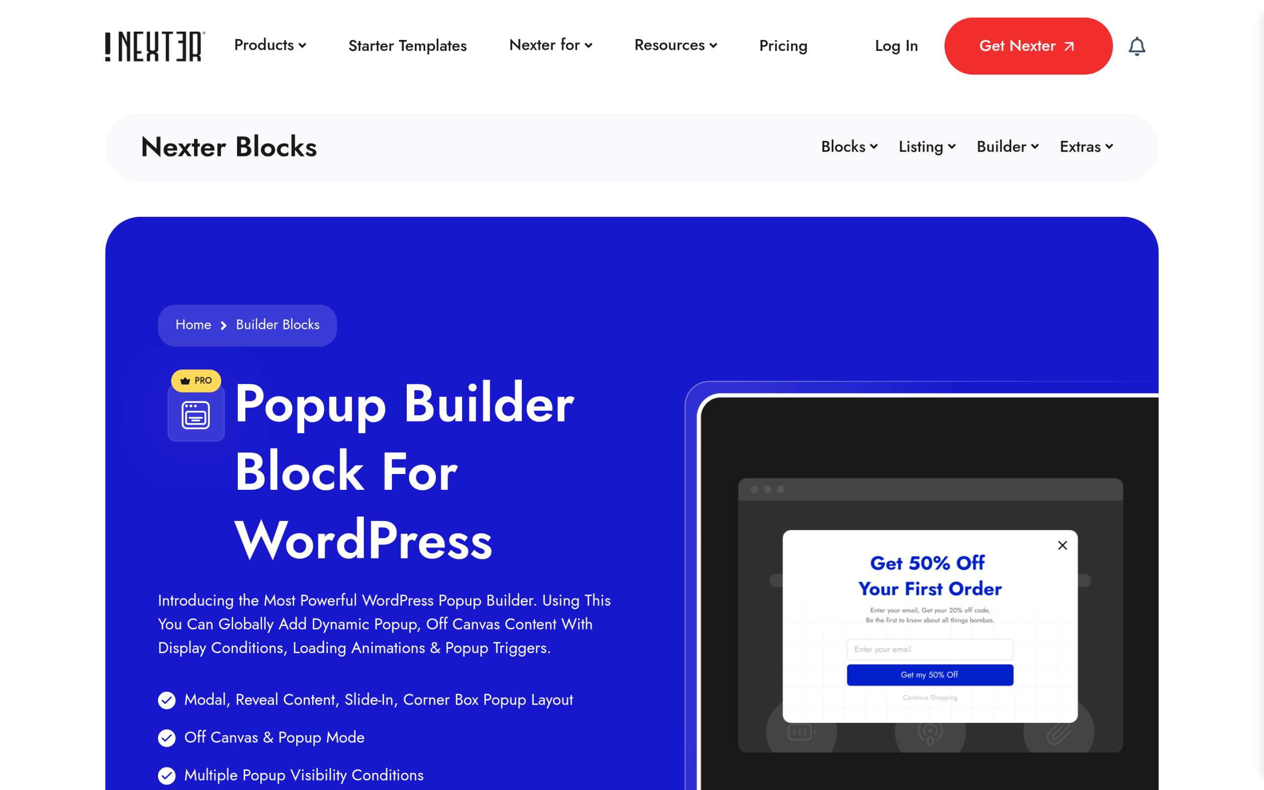 Nexter Blocks Popup Builder page showing popup types and 50+ templates