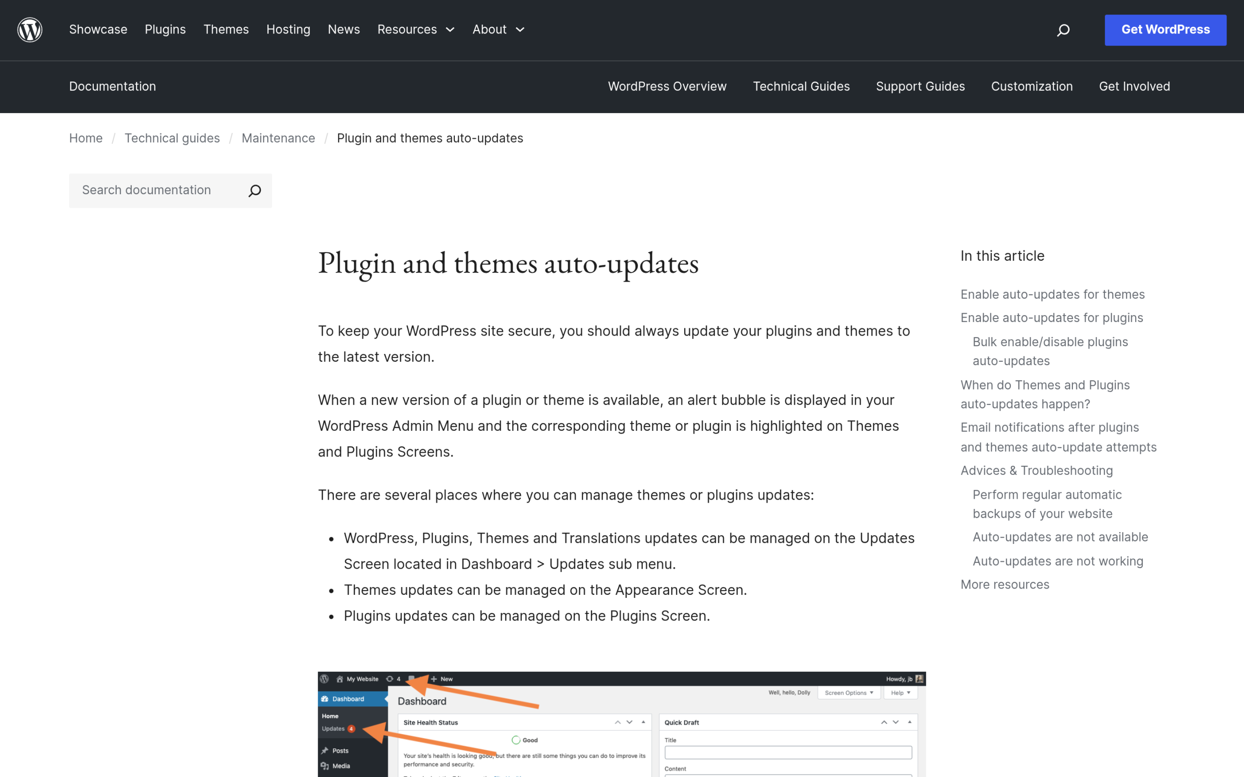 WordPress.org documentation page showing how to enable auto-updates for plugins and themes since WordPress 5.5