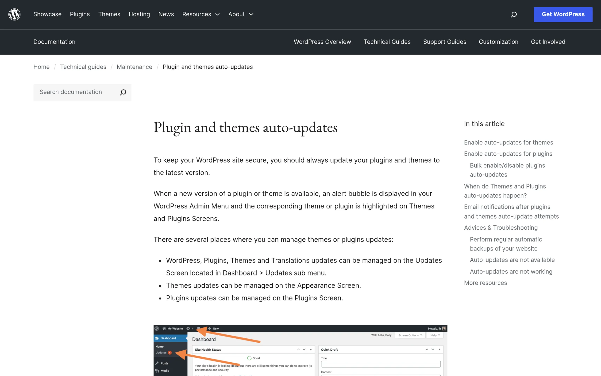 WordPress.org documentation page showing how to enable auto-updates for plugins and themes since WordPress 5.5