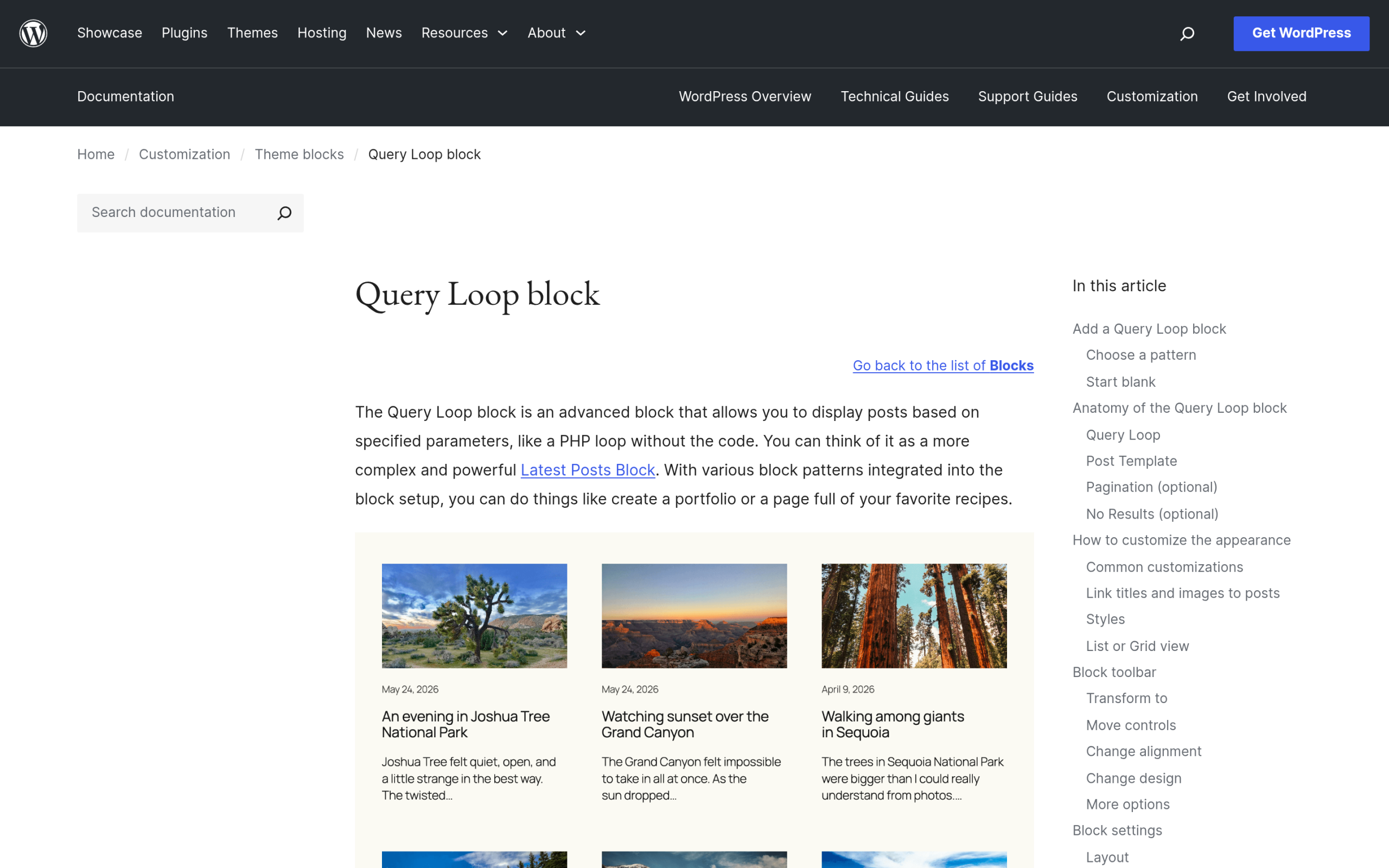 WordPress.org documentation page explaining the Query Loop block