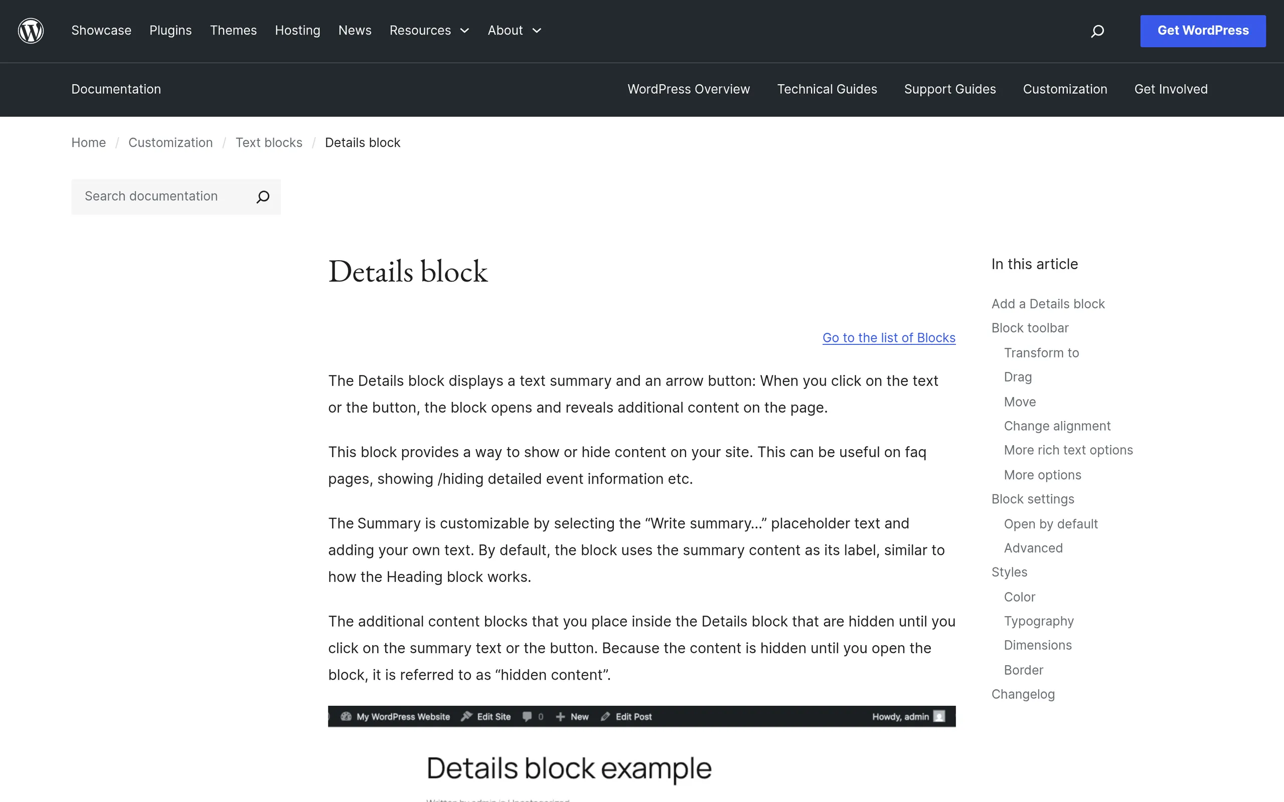 WordPress Details block documentation page explaining the Name attribute accordion grouping