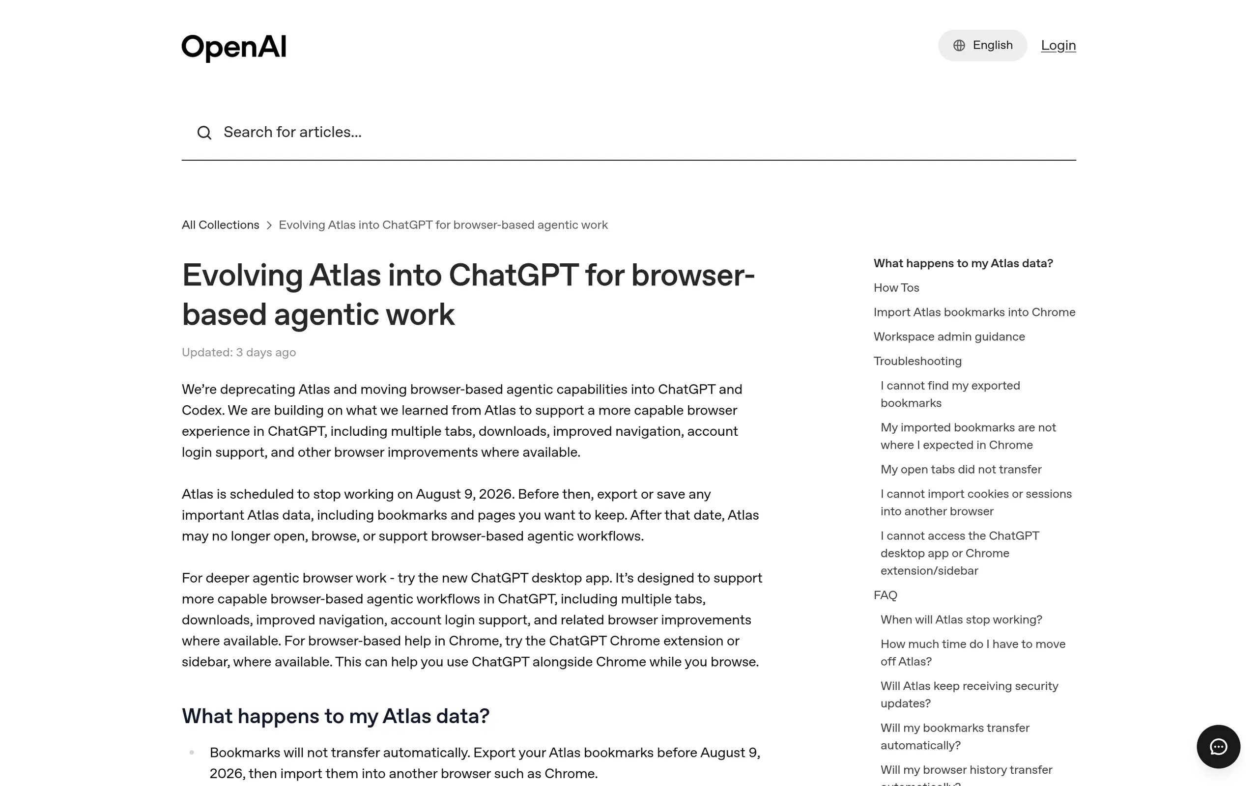 OpenAI help center page stating ChatGPT Atlas is being deprecated and stops working August 9 2026