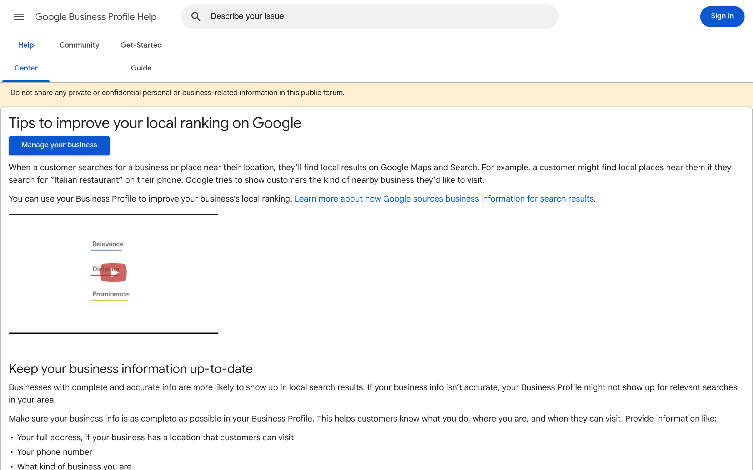Google Business Profile help page listing the local ranking factors relevance, distance, and prominence