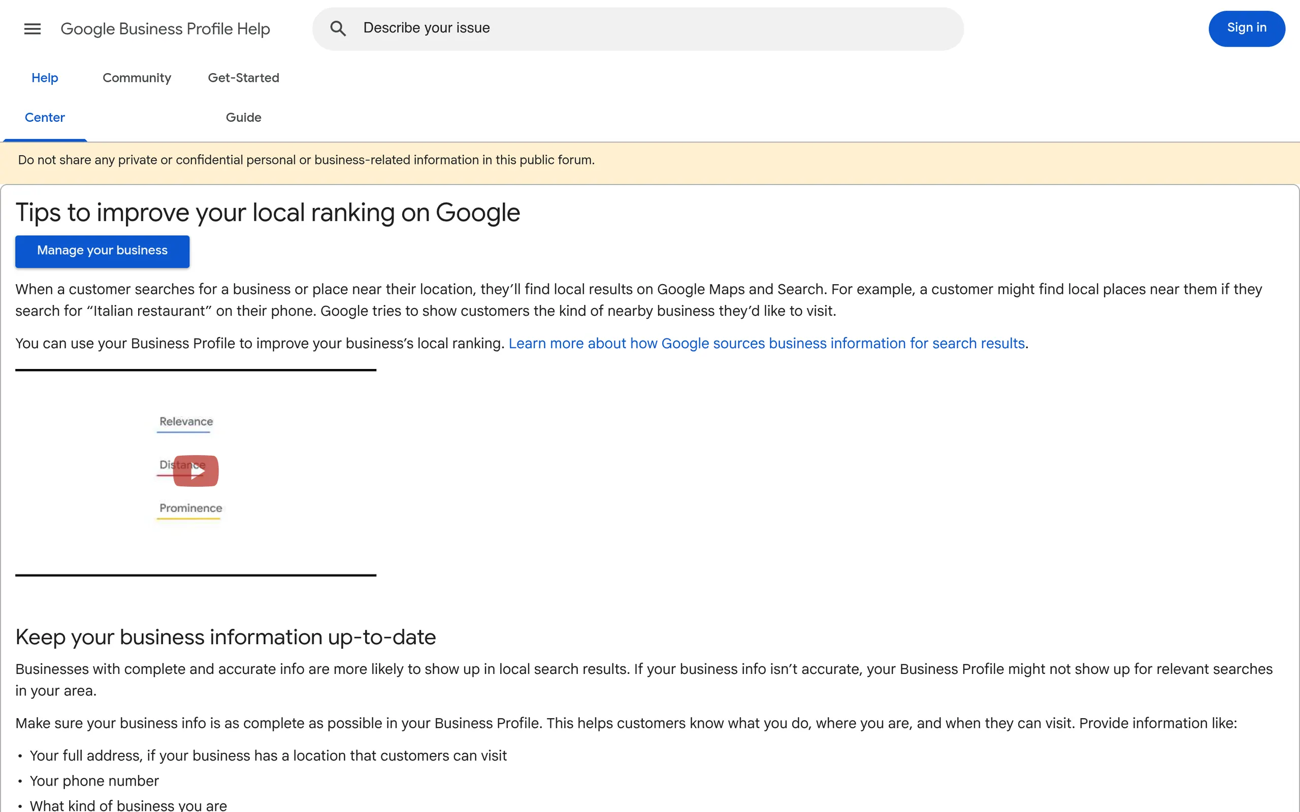 Google Business Profile help page listing the local ranking factors relevance, distance, and prominence