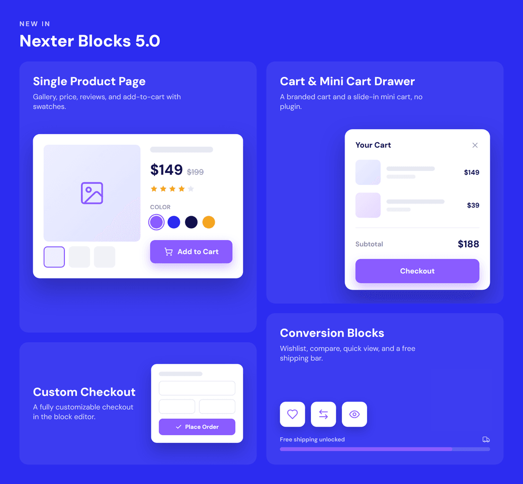 Nexter Blocks WooCommerce features: single product page, cart and mini cart drawer, custom checkout, and conversion blocks