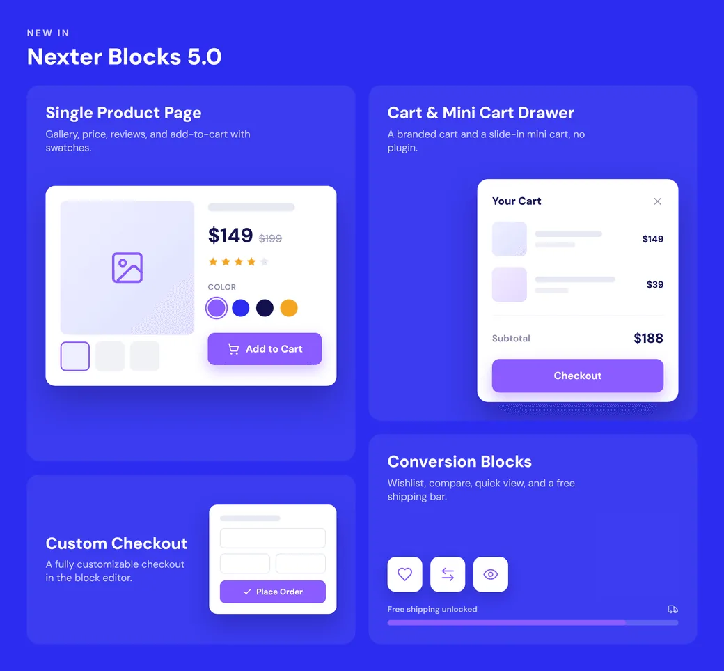 Nexter Blocks 5.0 WooCommerce features: single product page, cart and mini cart drawer, custom checkout, and conversion blocks