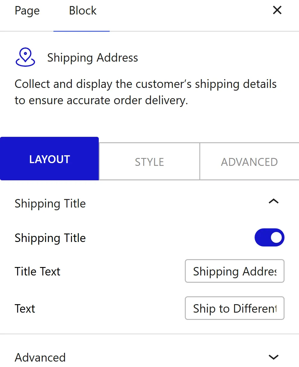 Nexter Blocks WooCommerce Shipping Address block Layout inspector with Shipping Title options