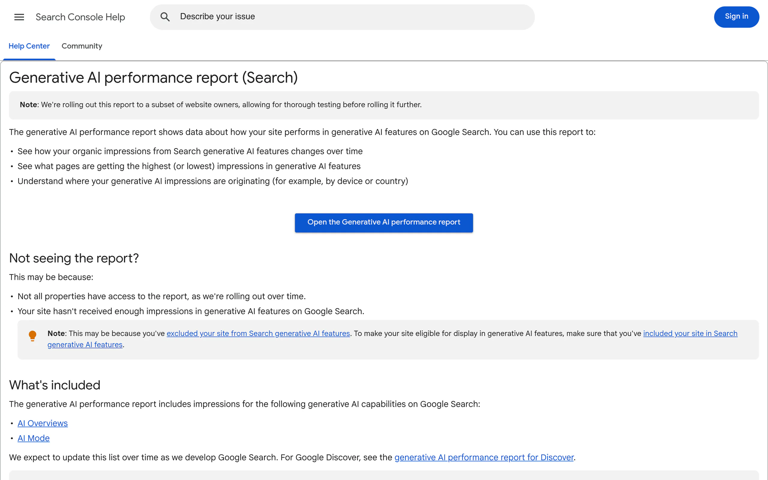 Google Search Console Help documentation for the generative AI performance report