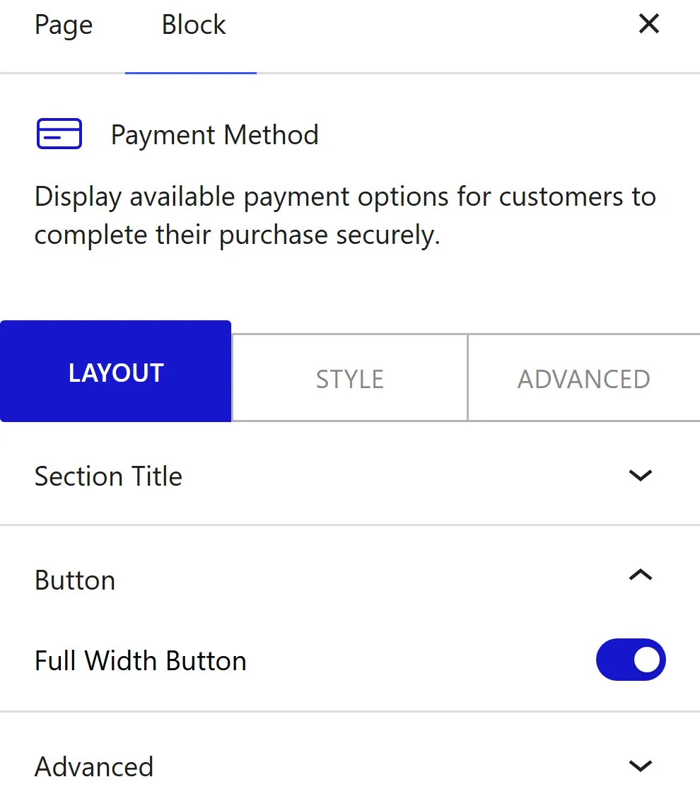 Nexter Blocks WooCommerce Payment block Layout inspector settings