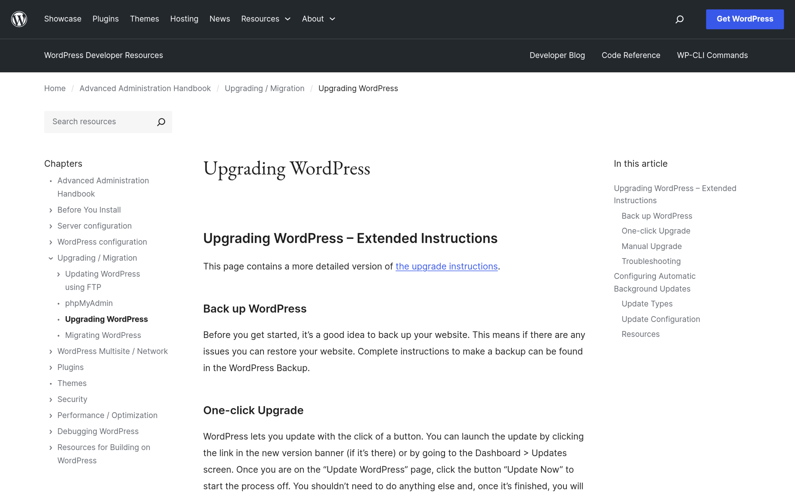 WordPress Advanced Administration Handbook page documenting the AUTOMATIC_UPDATER_DISABLED and WP_AUTO_UPDATE_CORE constants