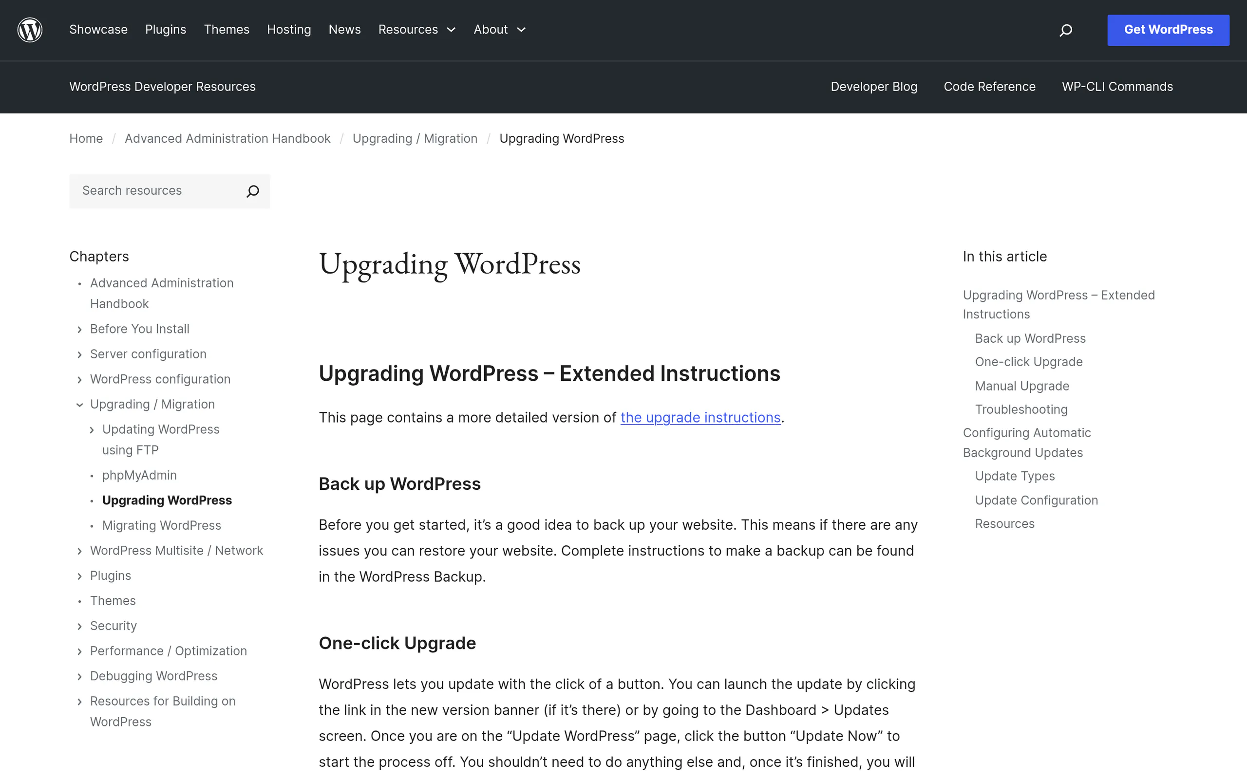WordPress Advanced Administration Handbook page documenting the AUTOMATIC_UPDATER_DISABLED and WP_AUTO_UPDATE_CORE constants