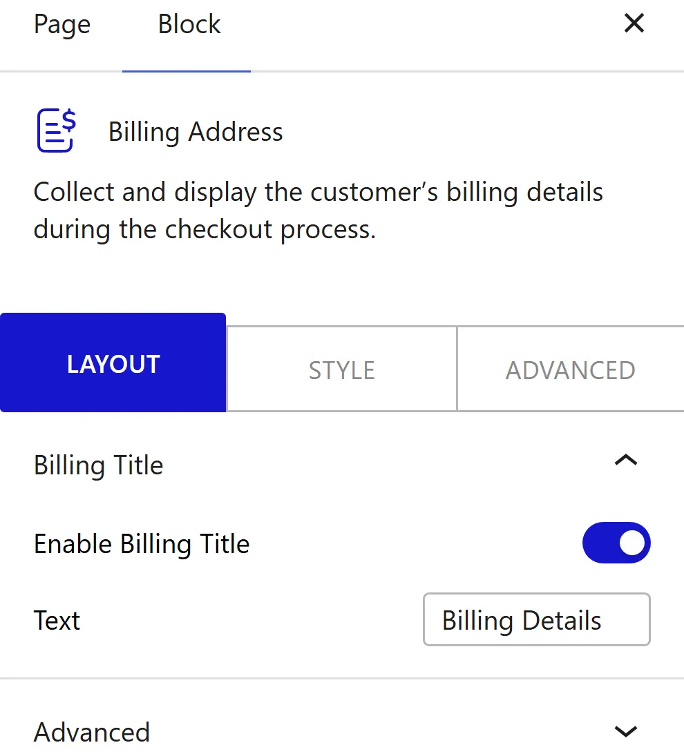 Nexter Blocks WooCommerce Billing block Layout inspector settings