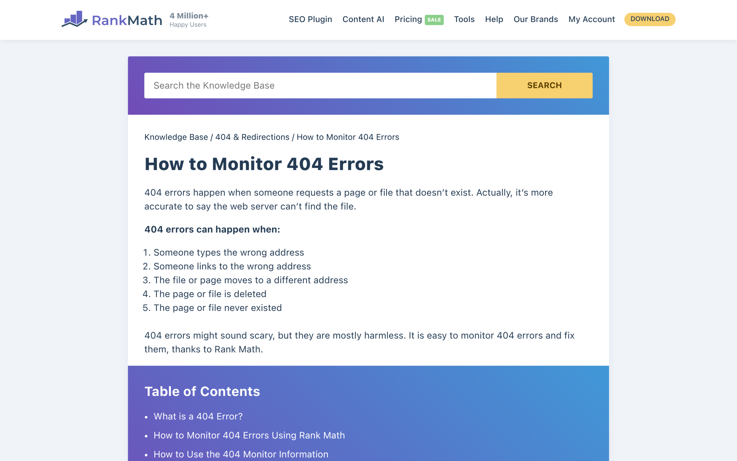 Rank Math 404 monitor showing logged URLs that returned a 404 error in WordPress