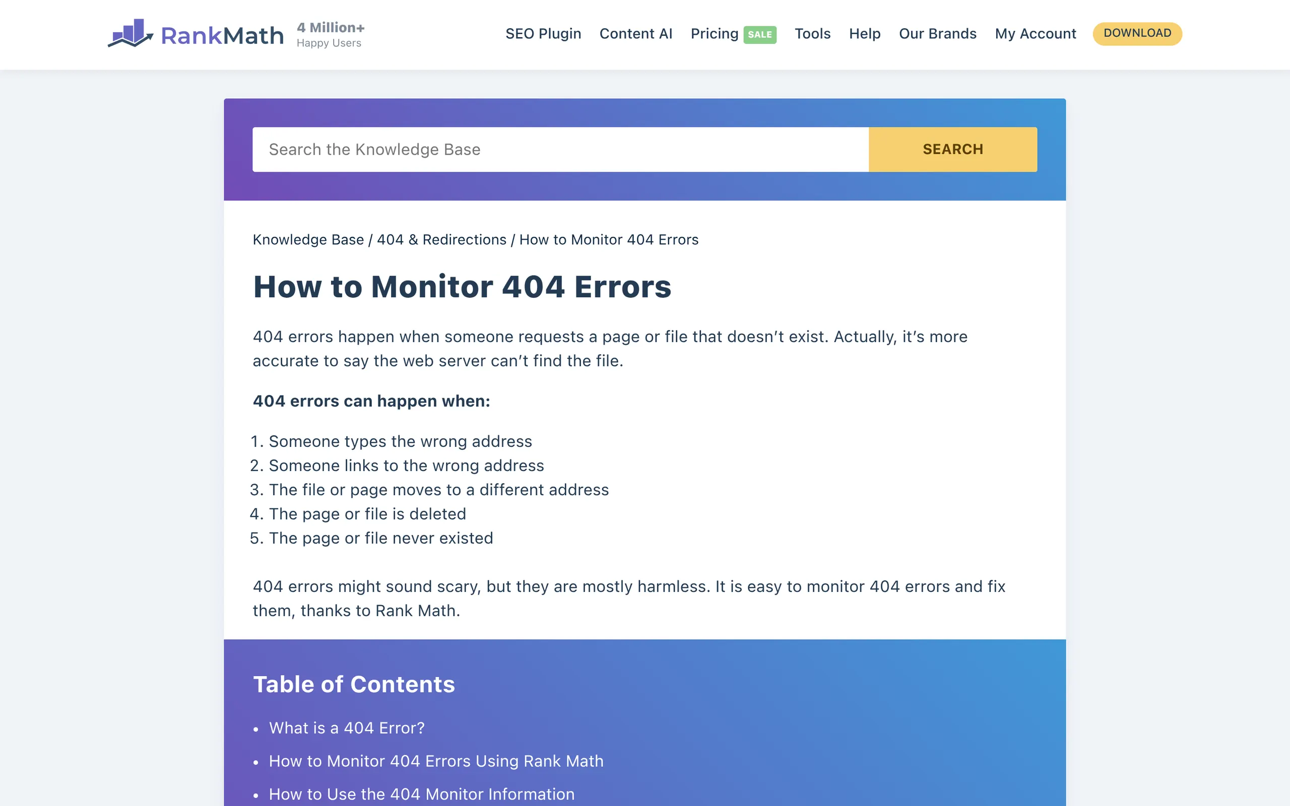 Rank Math 404 monitor showing logged URLs that returned a 404 error in WordPress