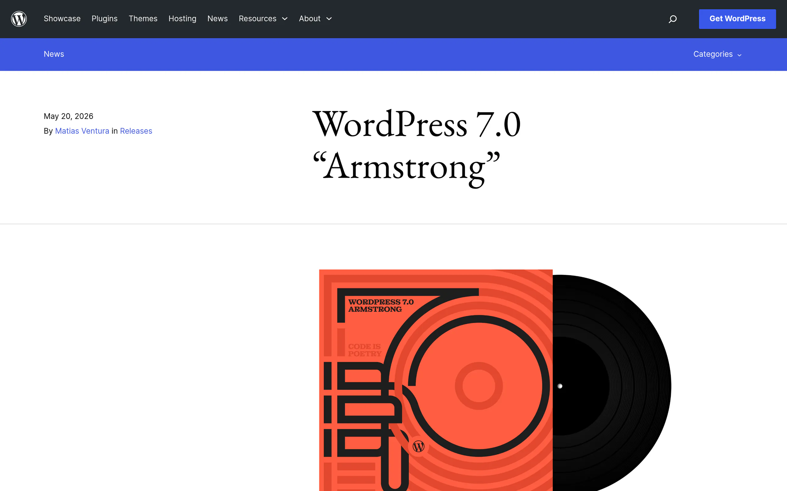 WordPress 7.0 Armstrong release announcement on WordPress.org