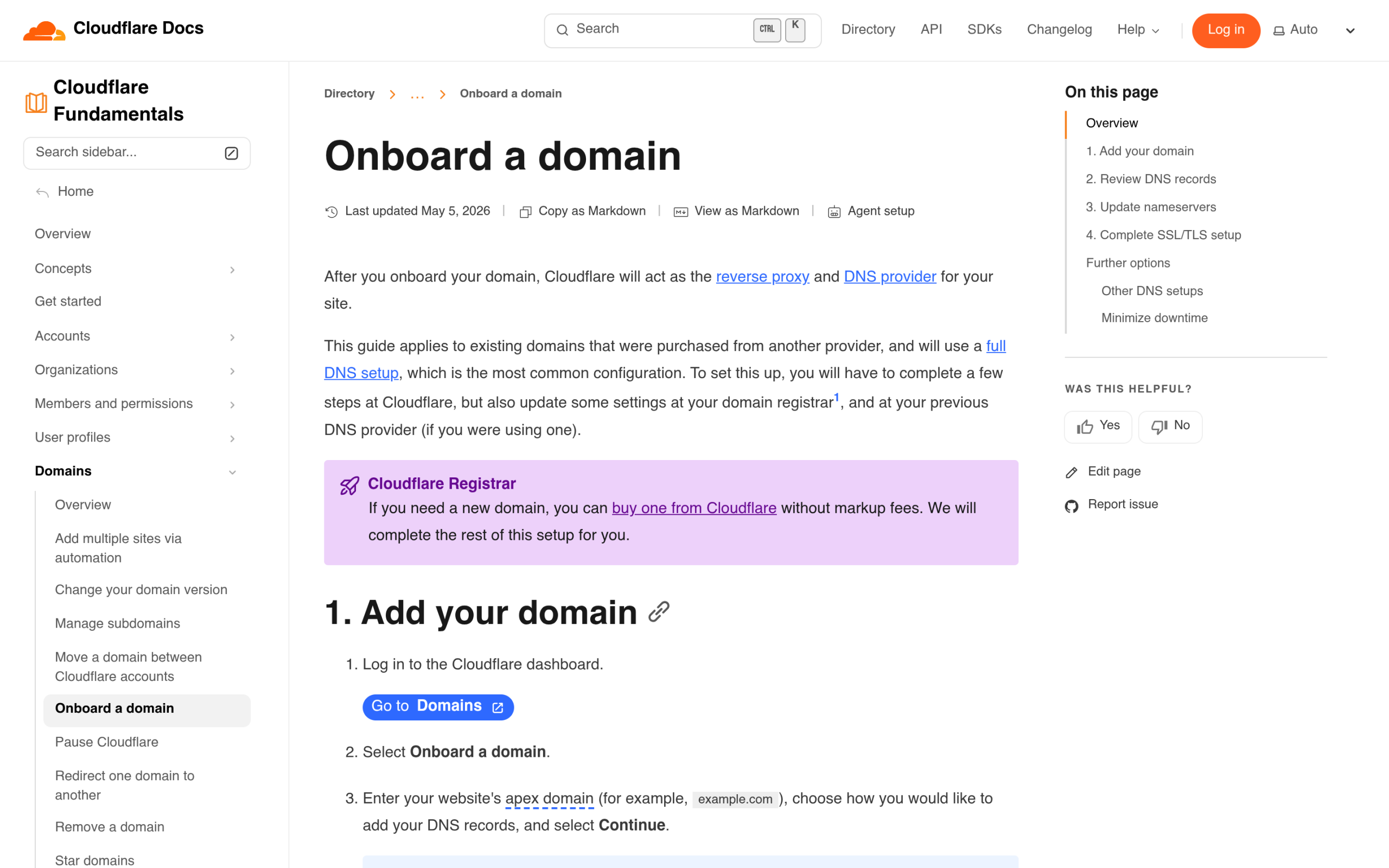 Cloudflare documentation showing the steps to add a site and change nameservers