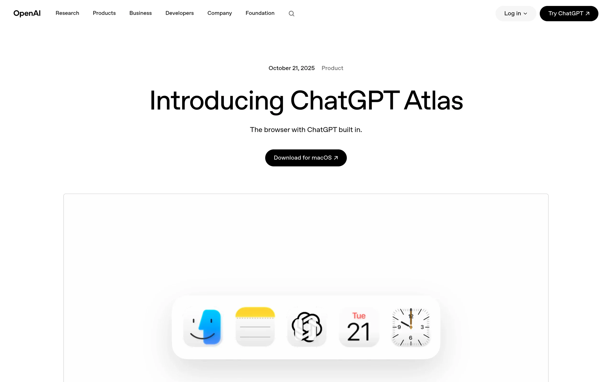 The OpenAI ChatGPT Atlas launch page with the tagline The browser with ChatGPT built in and a Download for macOS button