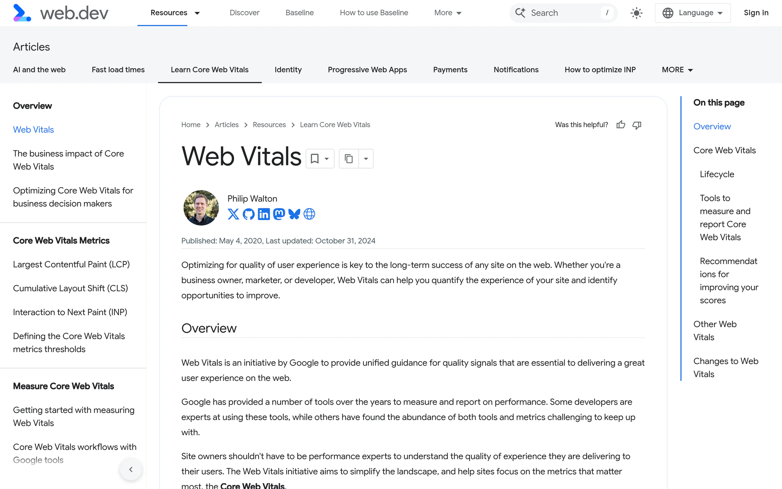 Core Web Vitals thresholds LCP under 2.5s, INP 200ms, CLS 0.1 explained on web.dev